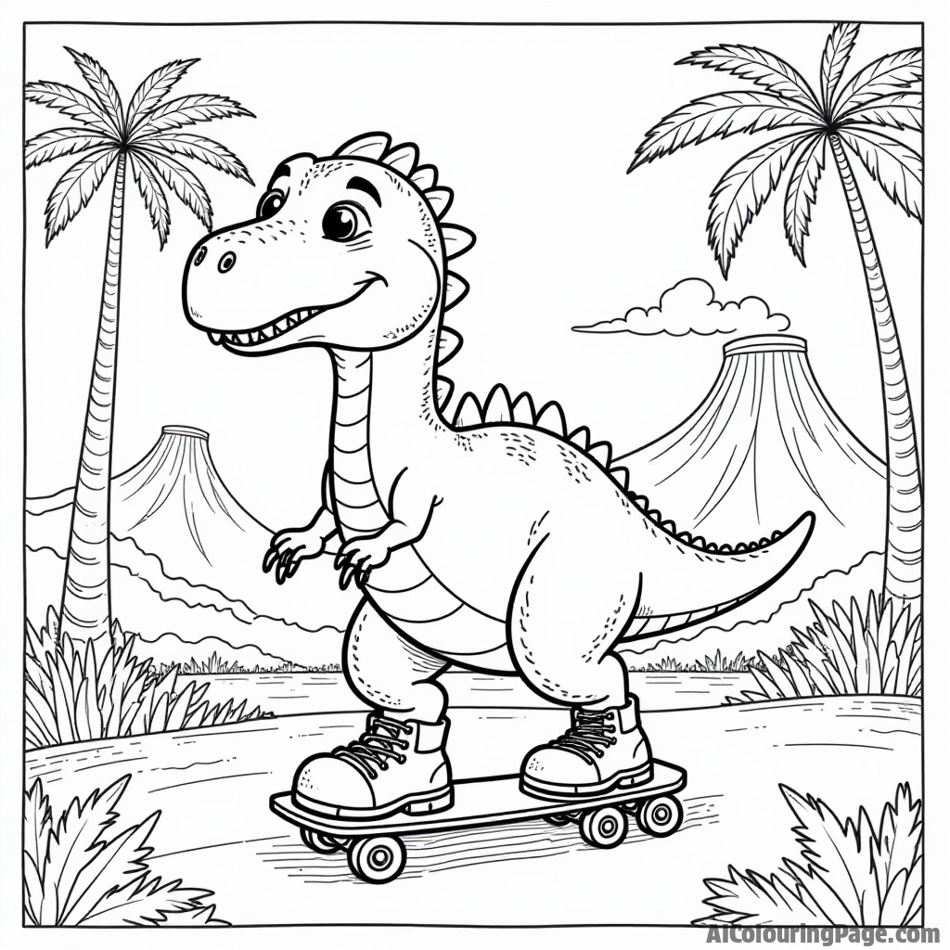 A cartoon dinosaur roller-skating in a prehistoric jungle, with palm trees and volcanoes, adding a playful twist to sports activities in a creative coloring page for young artists.