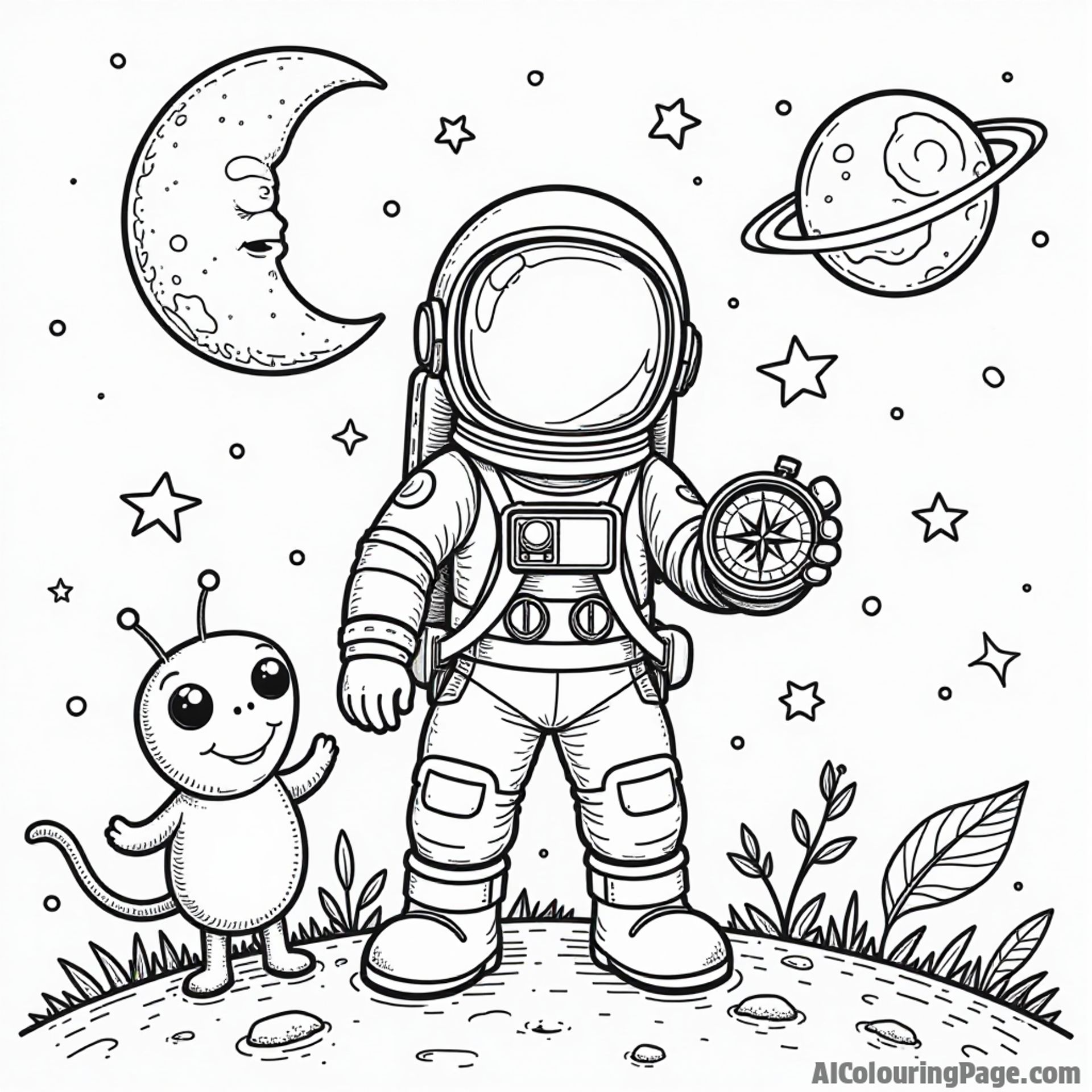 An adventurous astronaut with a compass on the moon, alongside a friendly alien and twinkling stars, perfect for sparking imagination in a cosmic coloring adventure.