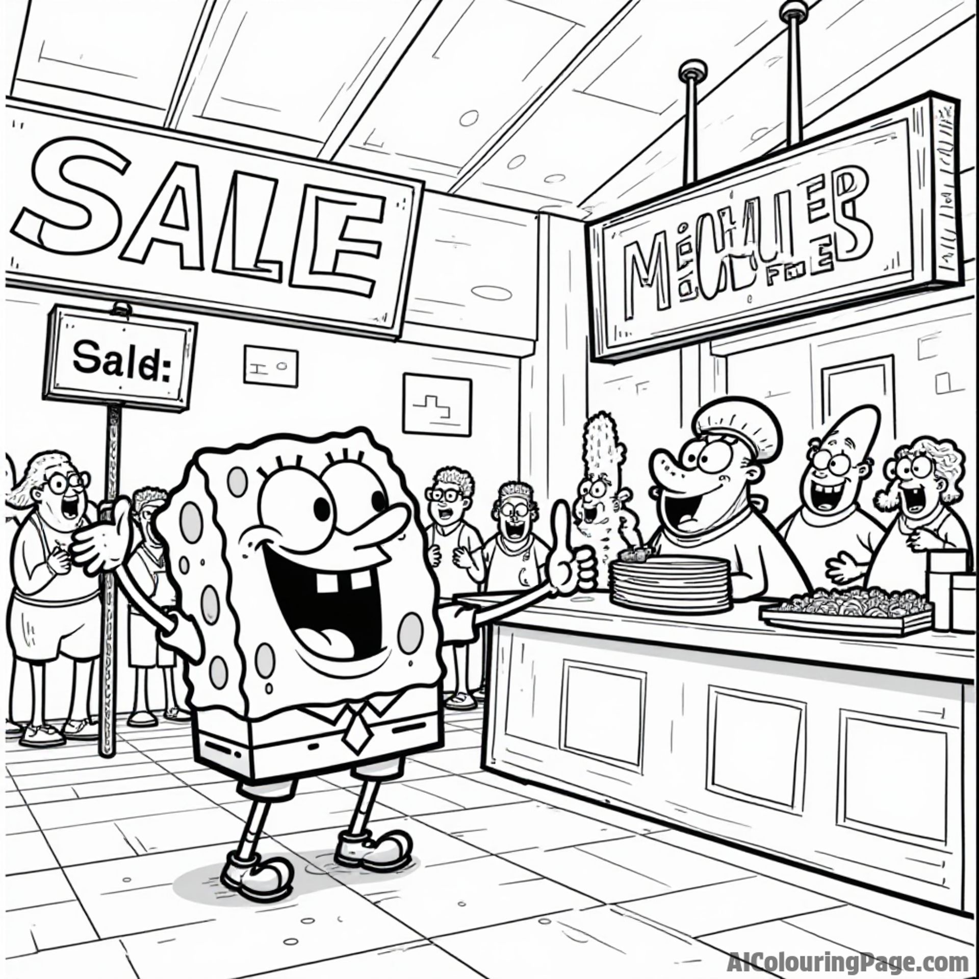 Mr. Krabs hosting a huge sale at the Krusty Krab with signs, excited customers, and SpongeBob serving food