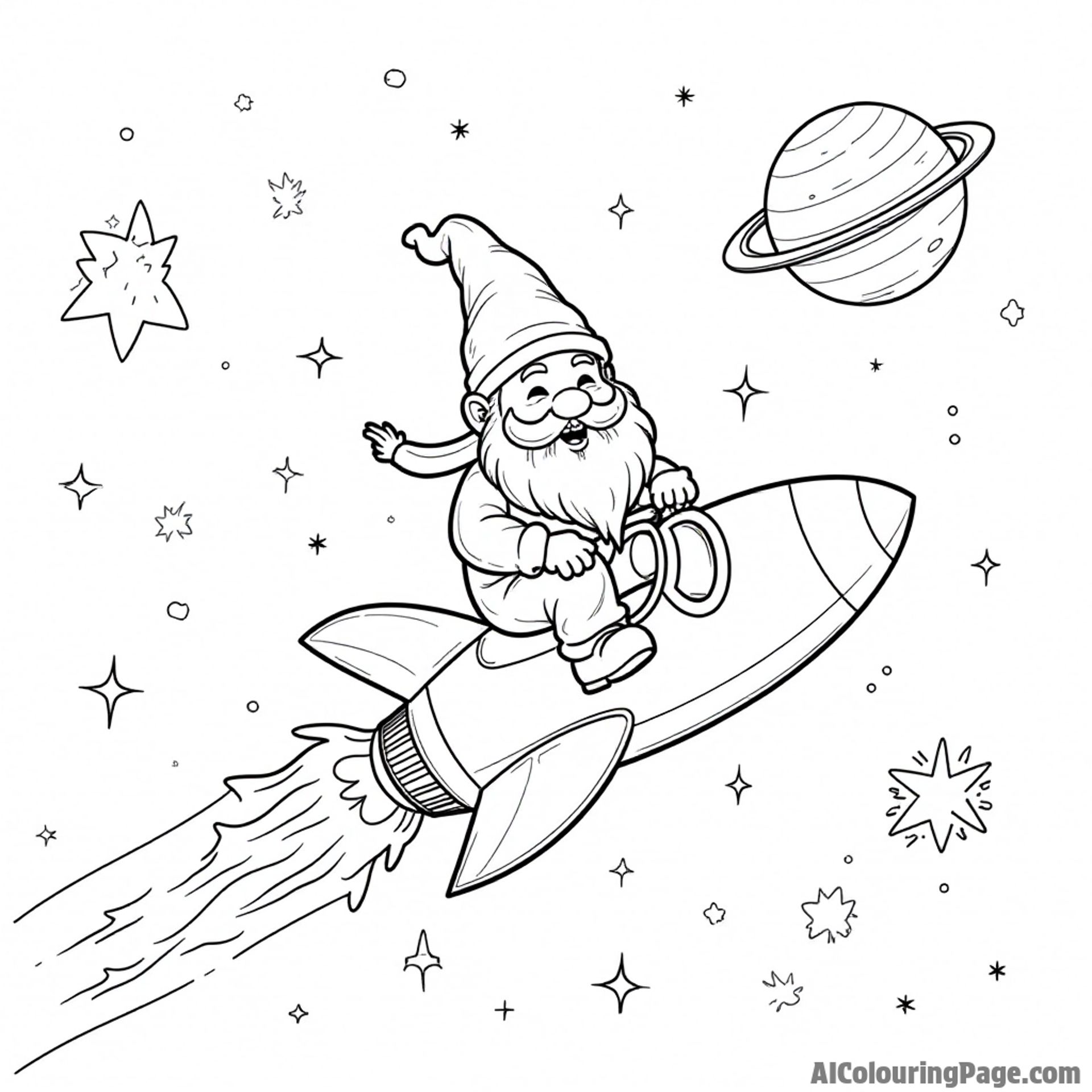 A gnome riding a rocket ship through space with planets, stars, and comets decorating the cosmic background.