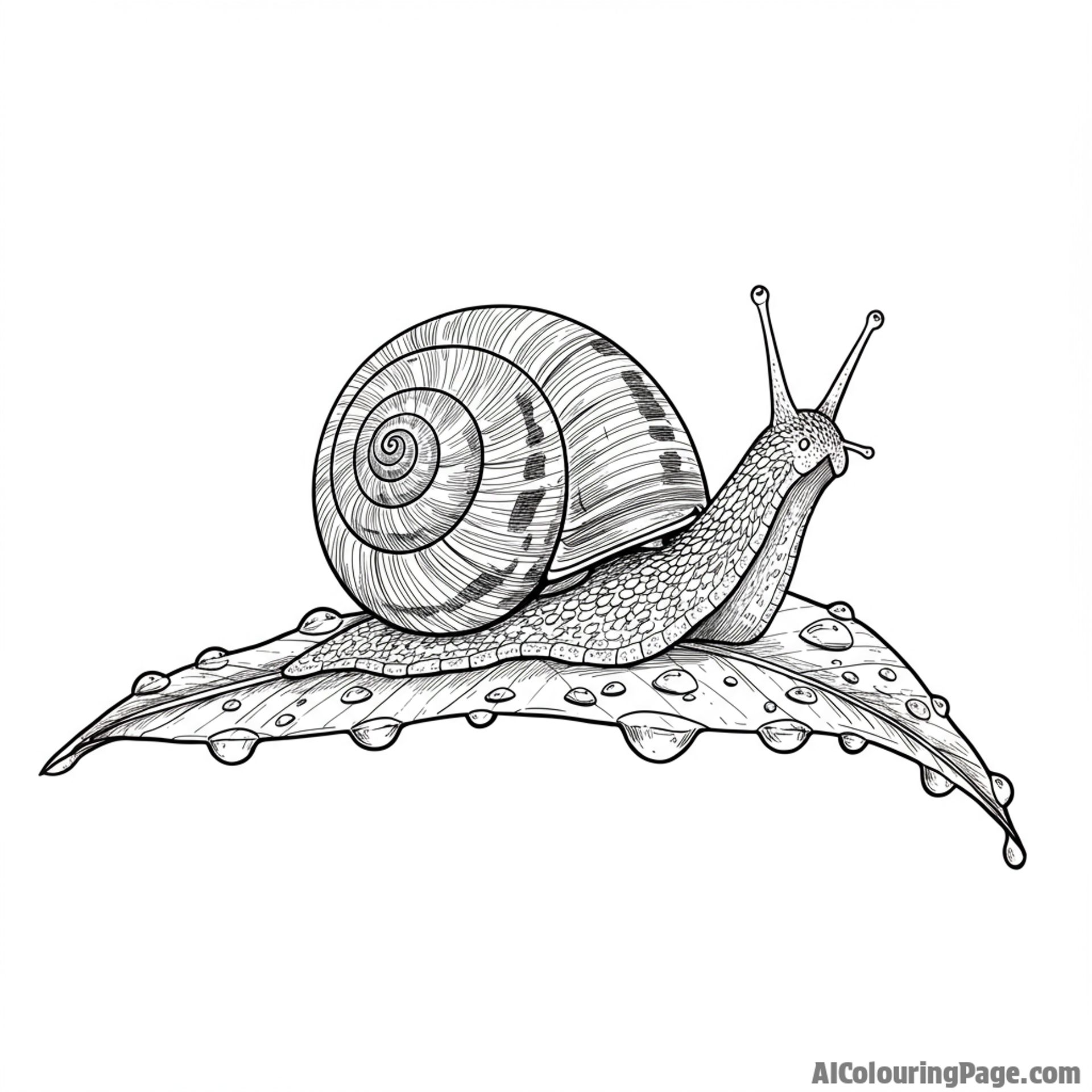 A snail slowly making its way across a dew-covered leaf.