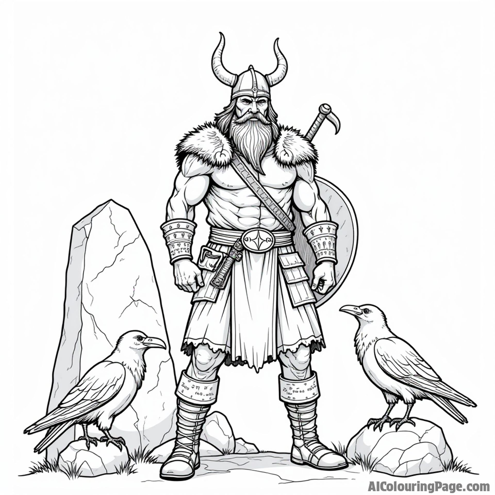 A Viking warrior preparing for battle, flanked by two ravens and a large stone monolith, representing the mystique of Norse mythology for kids to color and explore.