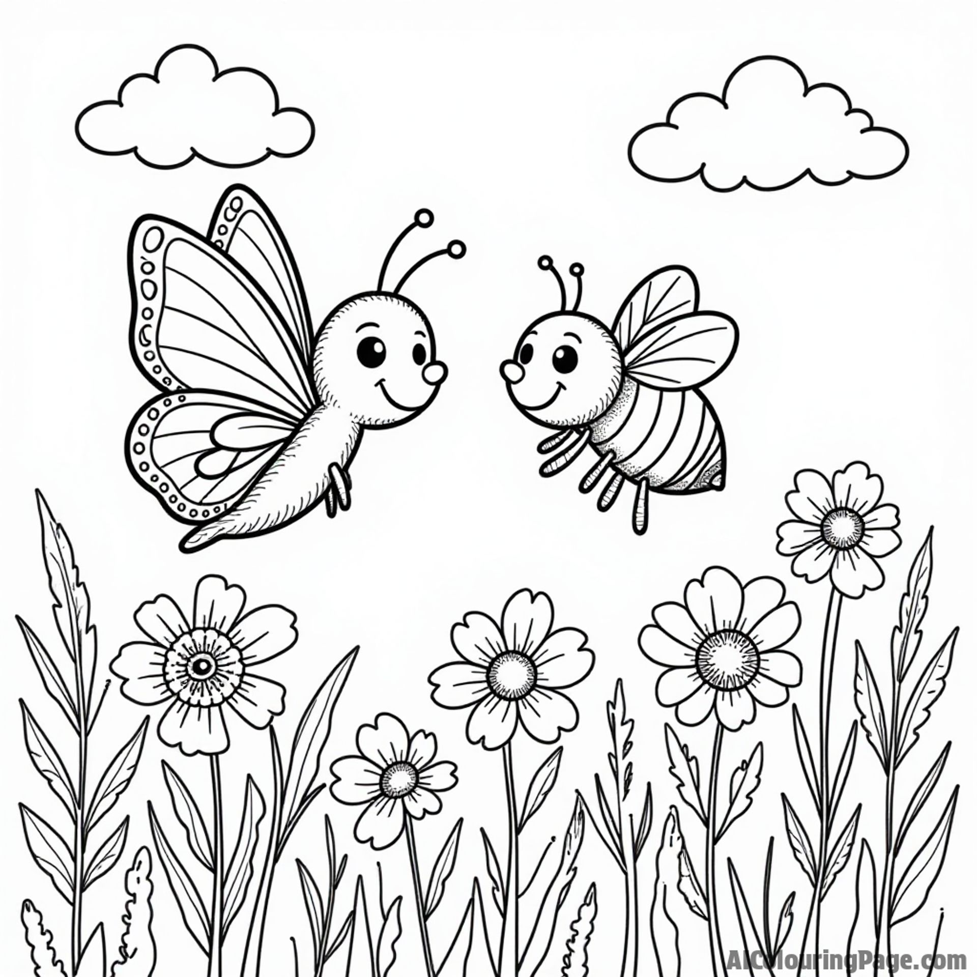A butterfly and a bumblebee working together in a flower field, with clouds overhead, ready for kids to color.