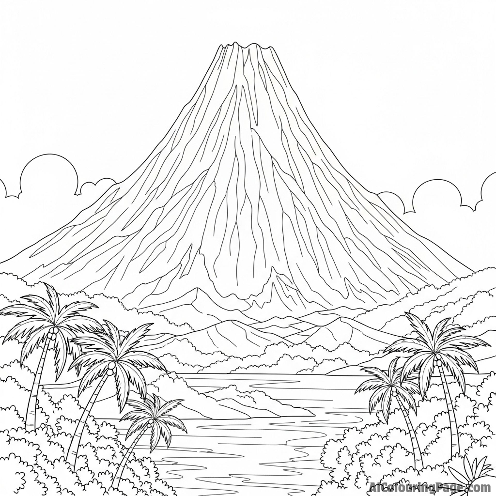 A volcanic peak rising above the tropical landscape.