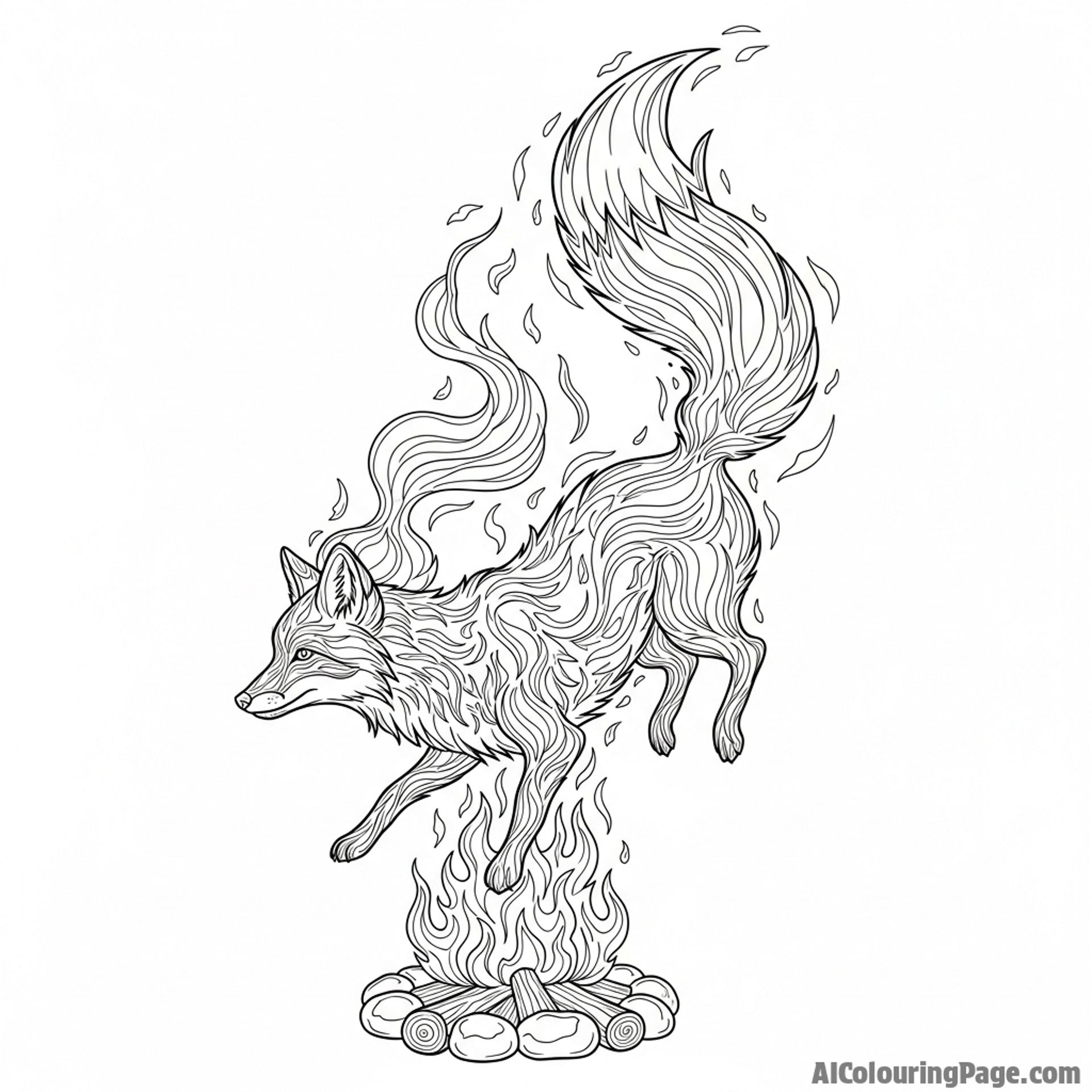 A fox formed from swirling smoke and embers rising from a campfire.