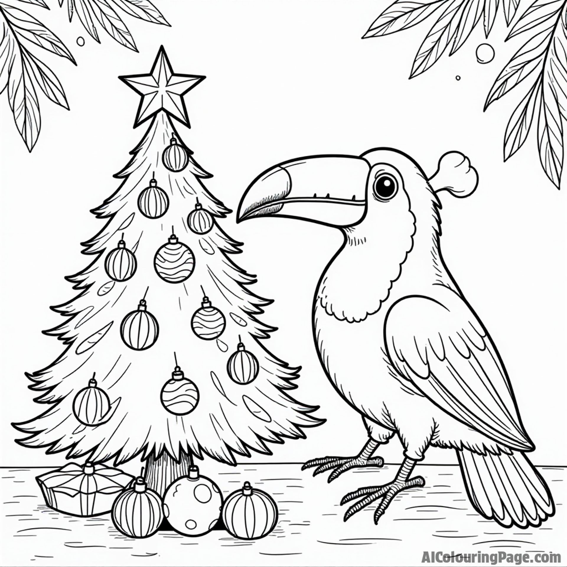 A toucan decorating a Christmas tree with tropical ornaments and lights in a festive jungle celebration for children.