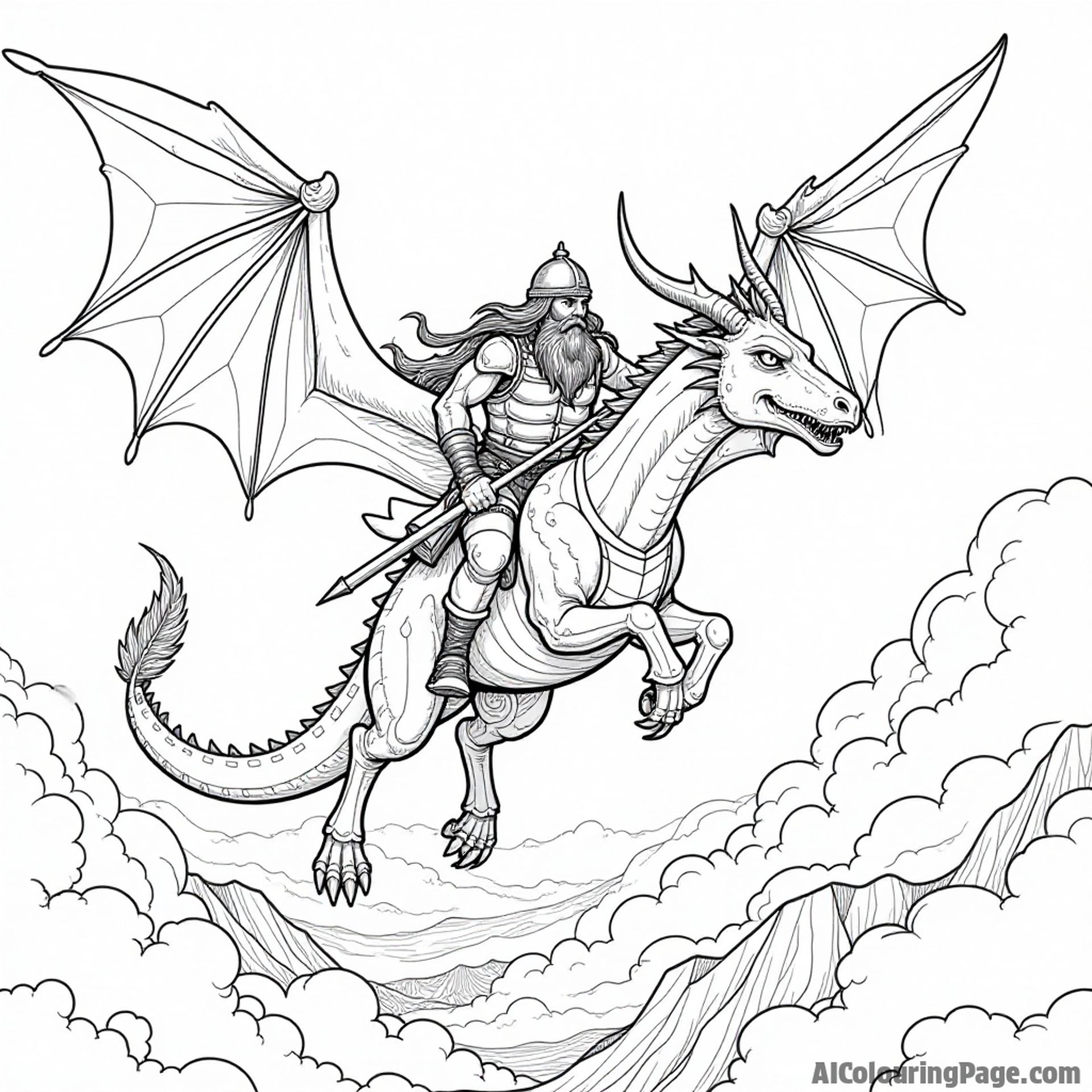 A Viking warrior and his dragon companion soaring through the sky, with clouds and distant mountains, combining adventure and mythology for an exciting coloring experience.