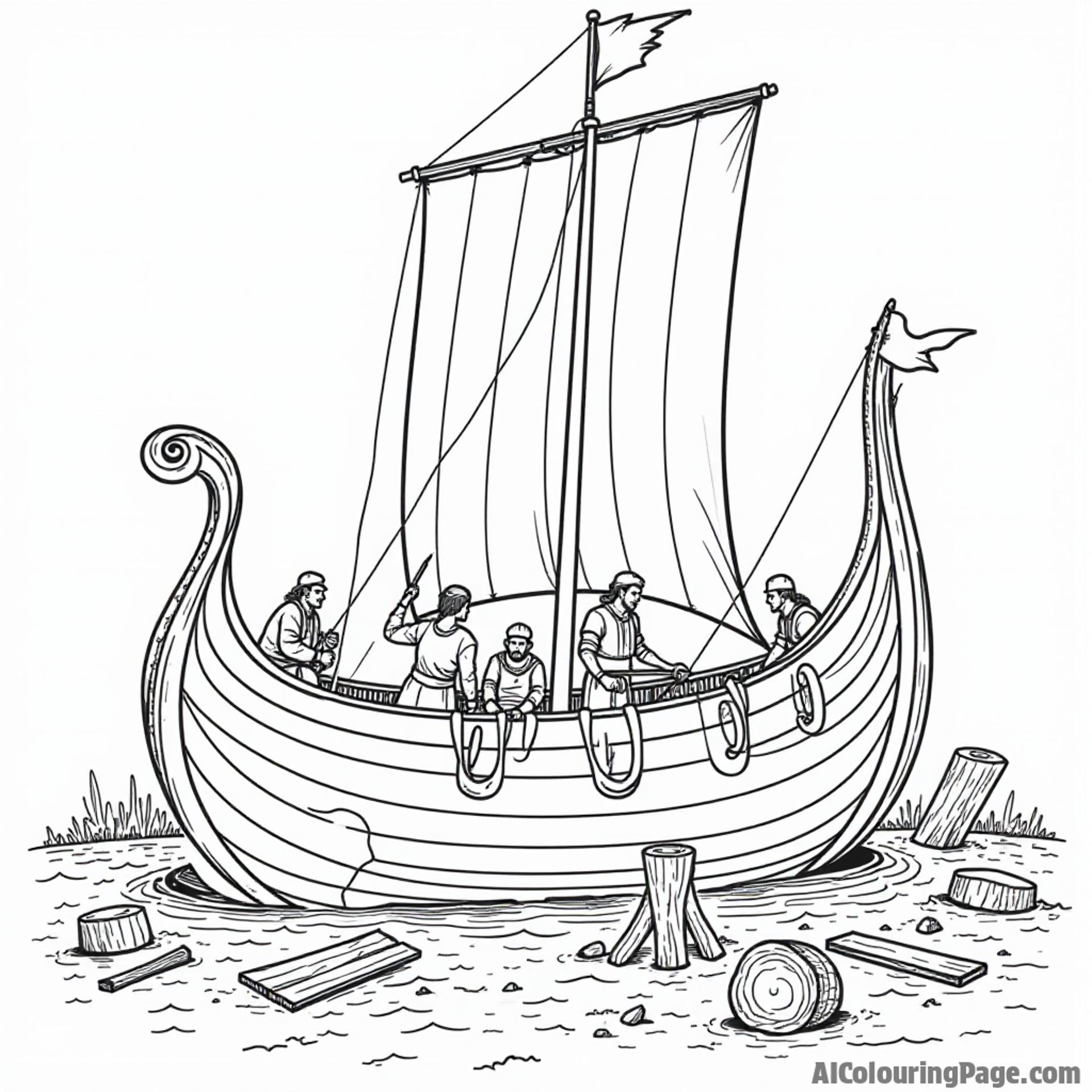 A Viking ship being built in a shipyard, with workers busy sawing wood and raising sails, showcasing the craftsmanship and teamwork of the Viking age for kids.