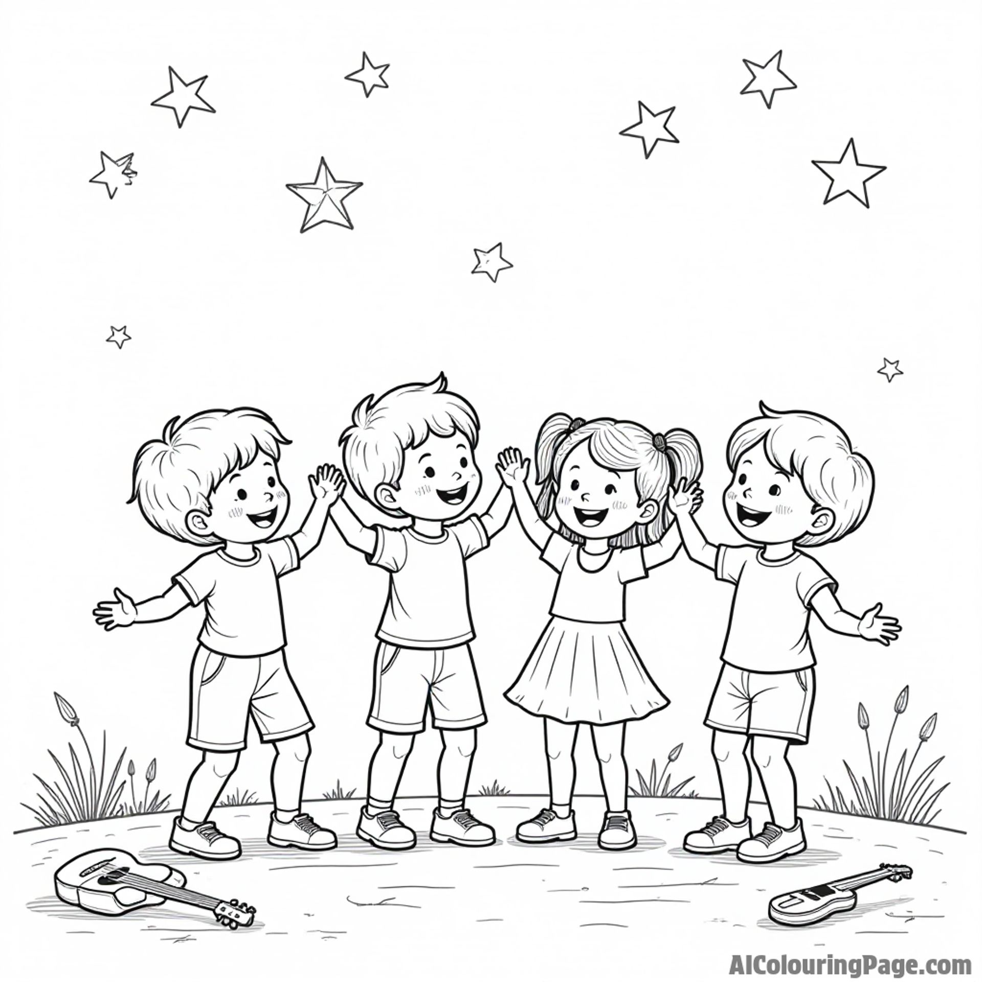 A playful scene of children dancing together under the stars with musical instruments scattered around on the ground
