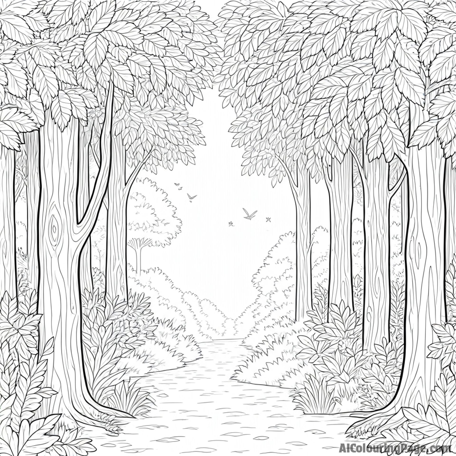 Whispering forest, rustling leaves, singing birds, gentle breeze.