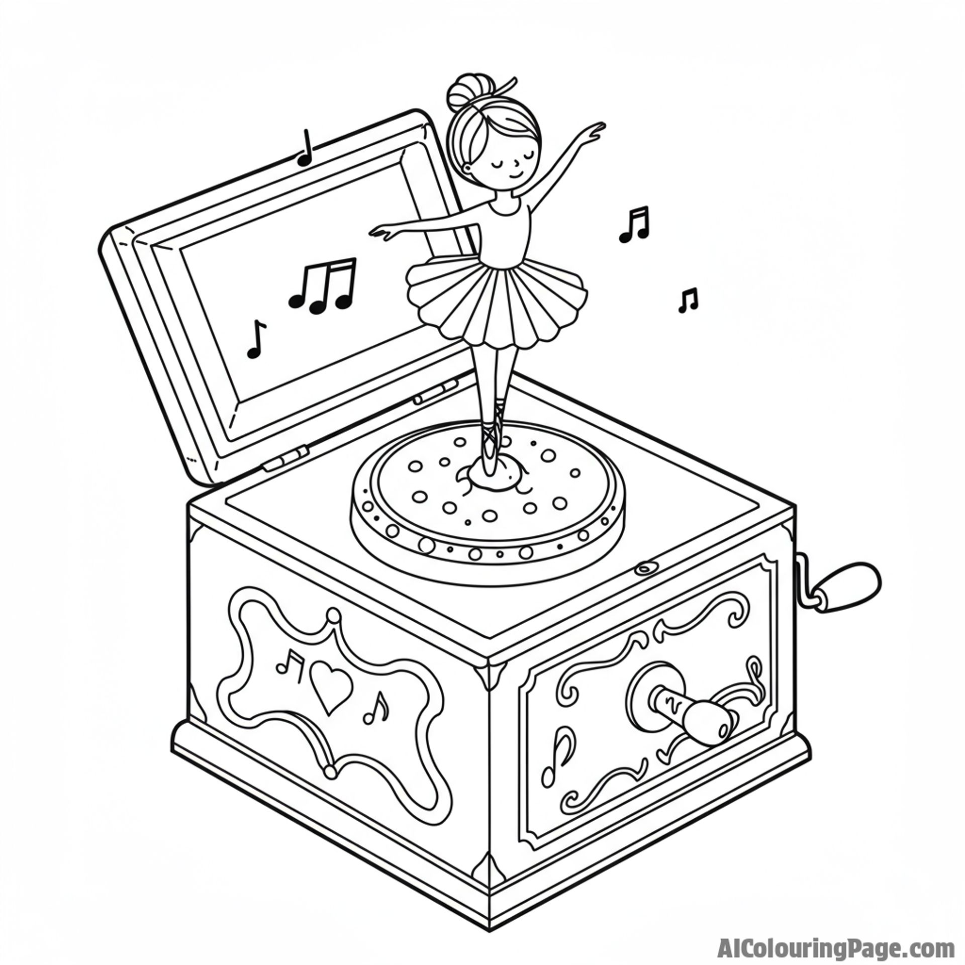 A music box playing a sweet melody, a tiny ballerina dancing on top.