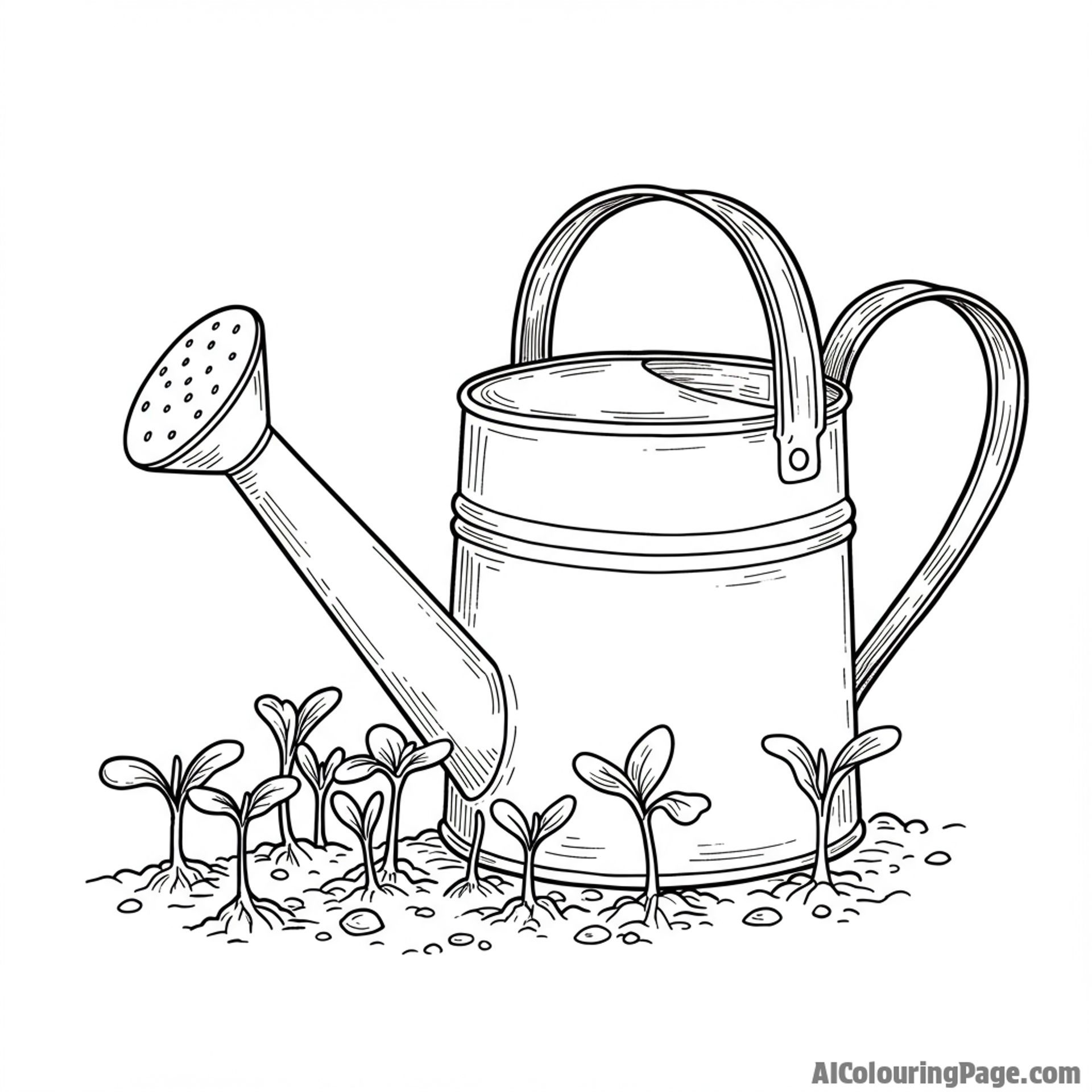 A vintage watering can sitting beside a patch of new sprouts.
