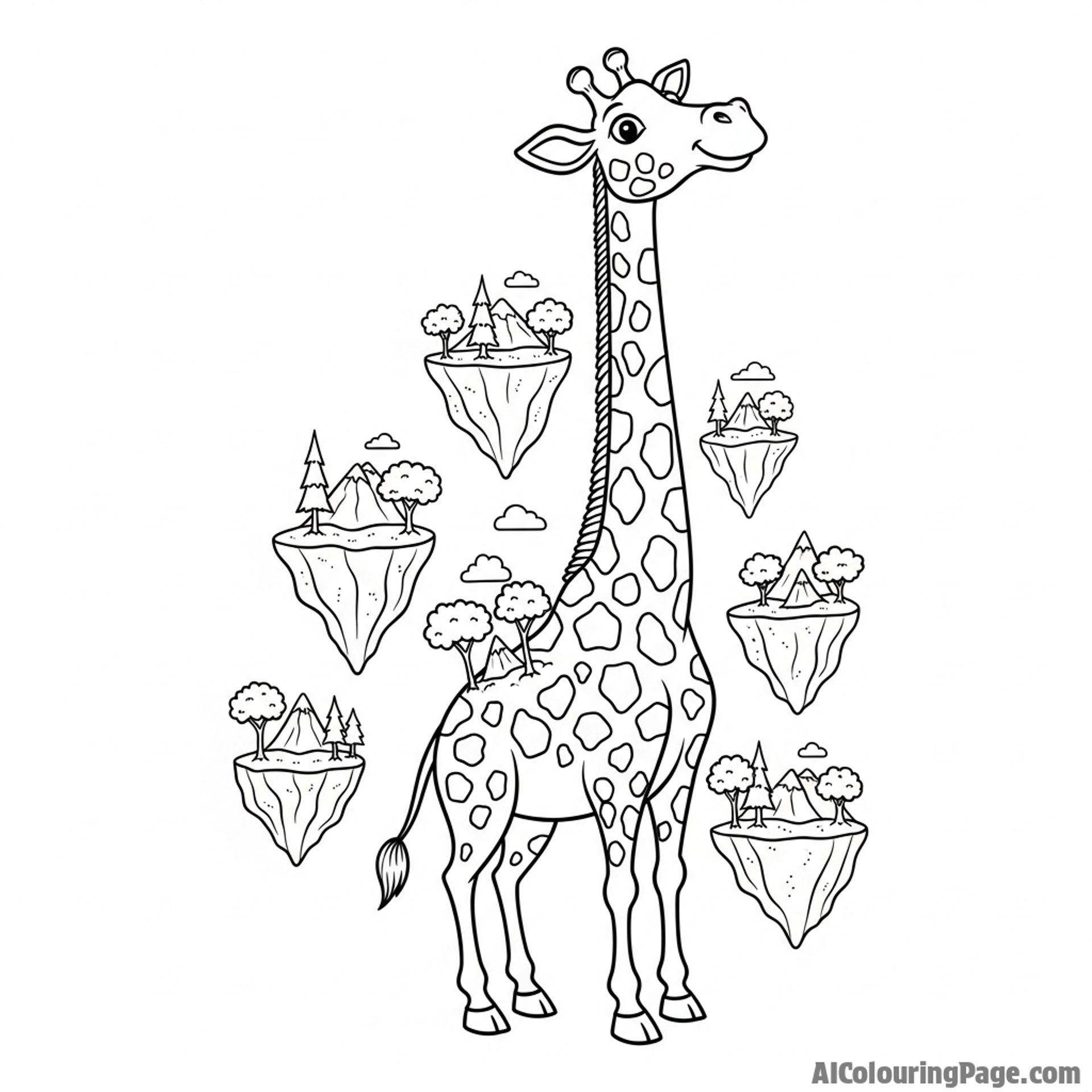 A surreal concept of a giraffe whose spots are tiny, floating islands.