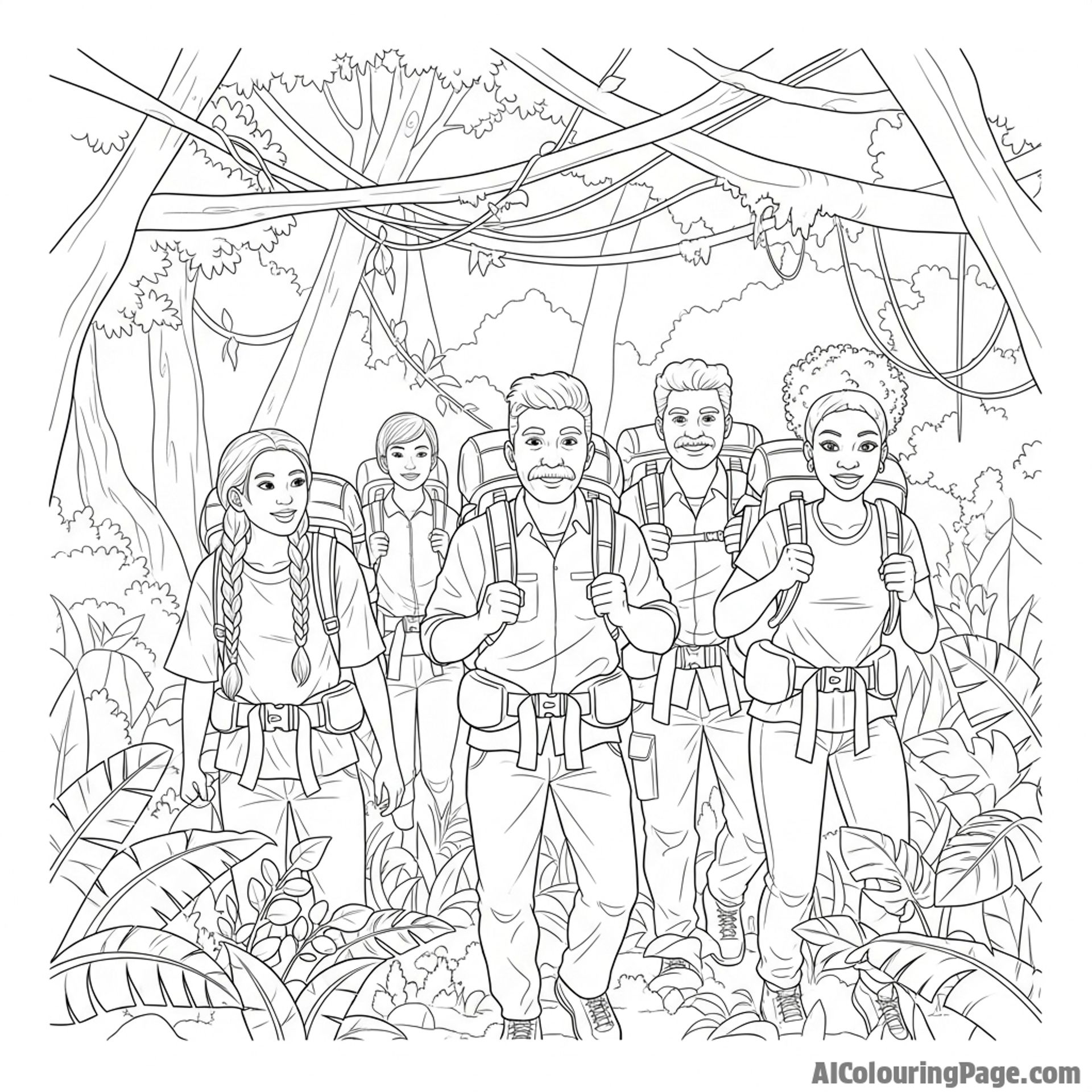 A group of friends hiking through the jungle.