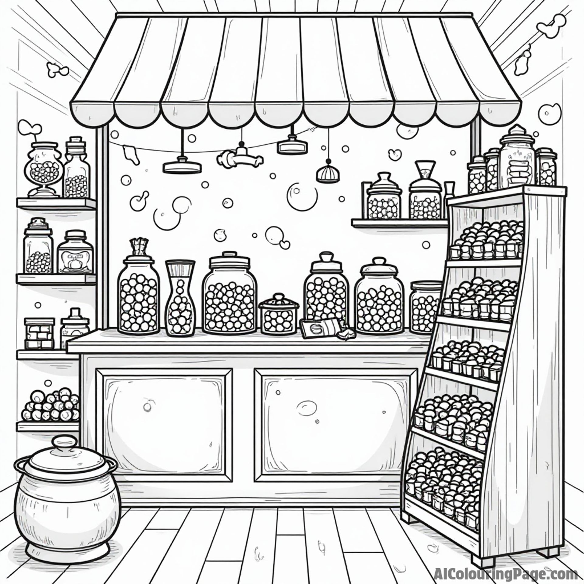 A cheerful candy shop filled with jars of colorful sweets, chocolate bars, and jelly beans for young artists to color.