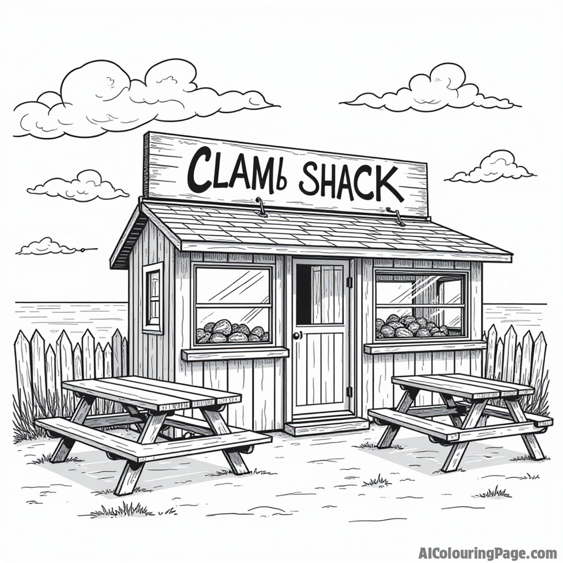 An iconic Rhode Island clam shack, with a wooden sign, picnic tables, and delicious clam dishes, representing local cuisine.