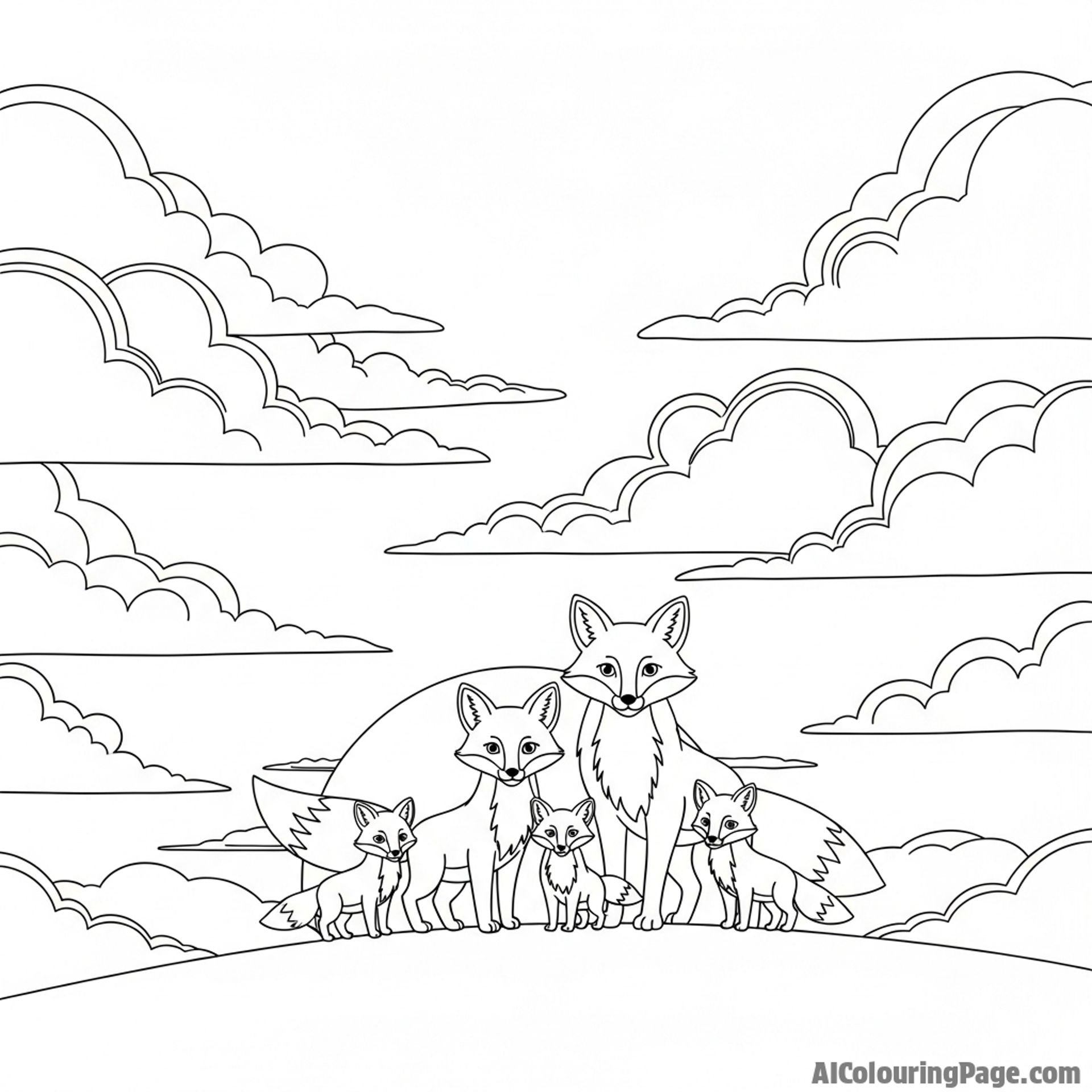 A family of foxes silhouetted against a dramatic, cloud-filled sky at dusk.
