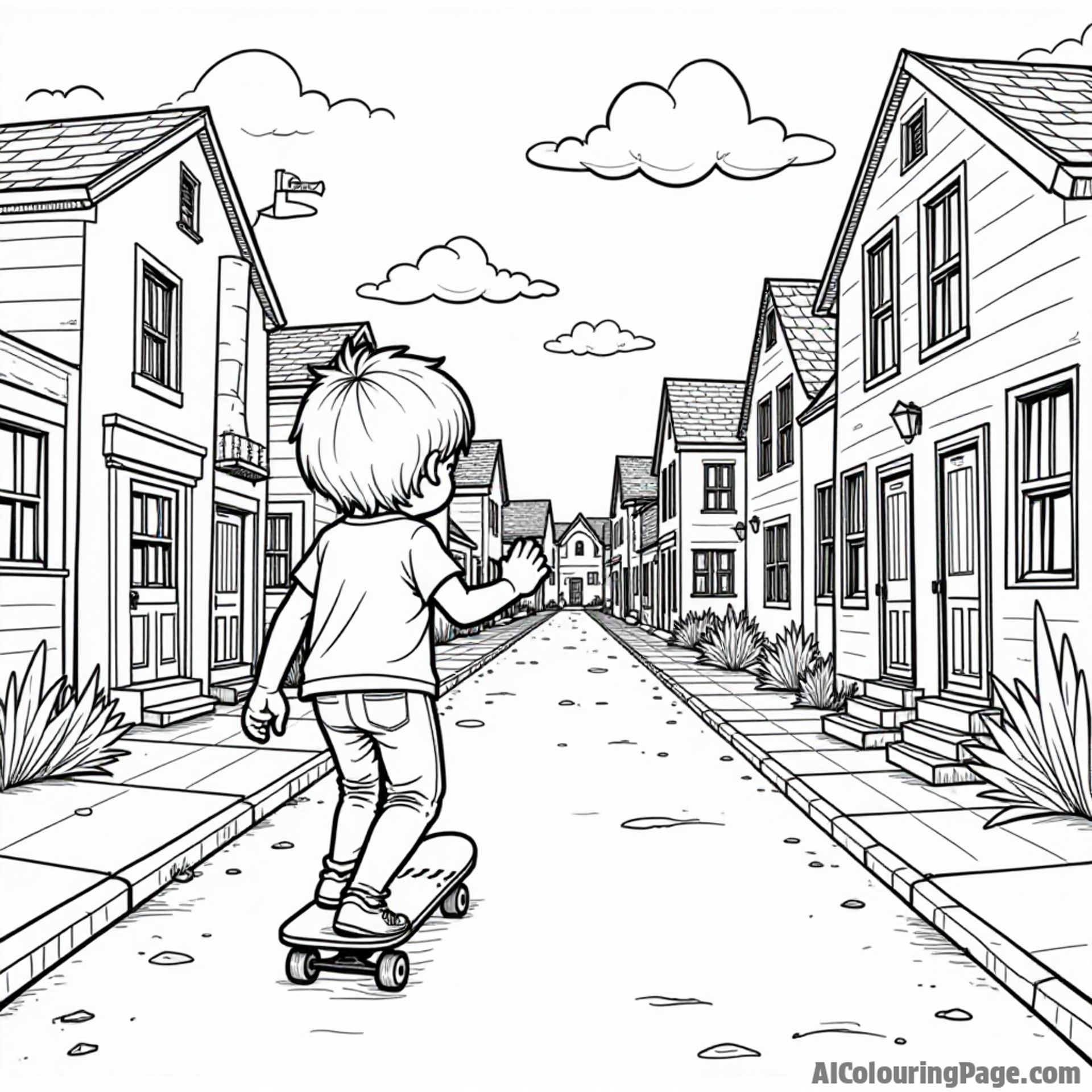 A child with a skateboard exploring a colorful urban neighborhood, with murals on walls and friendly neighbors waving, designed to inspire creativity in a black and white coloring page.