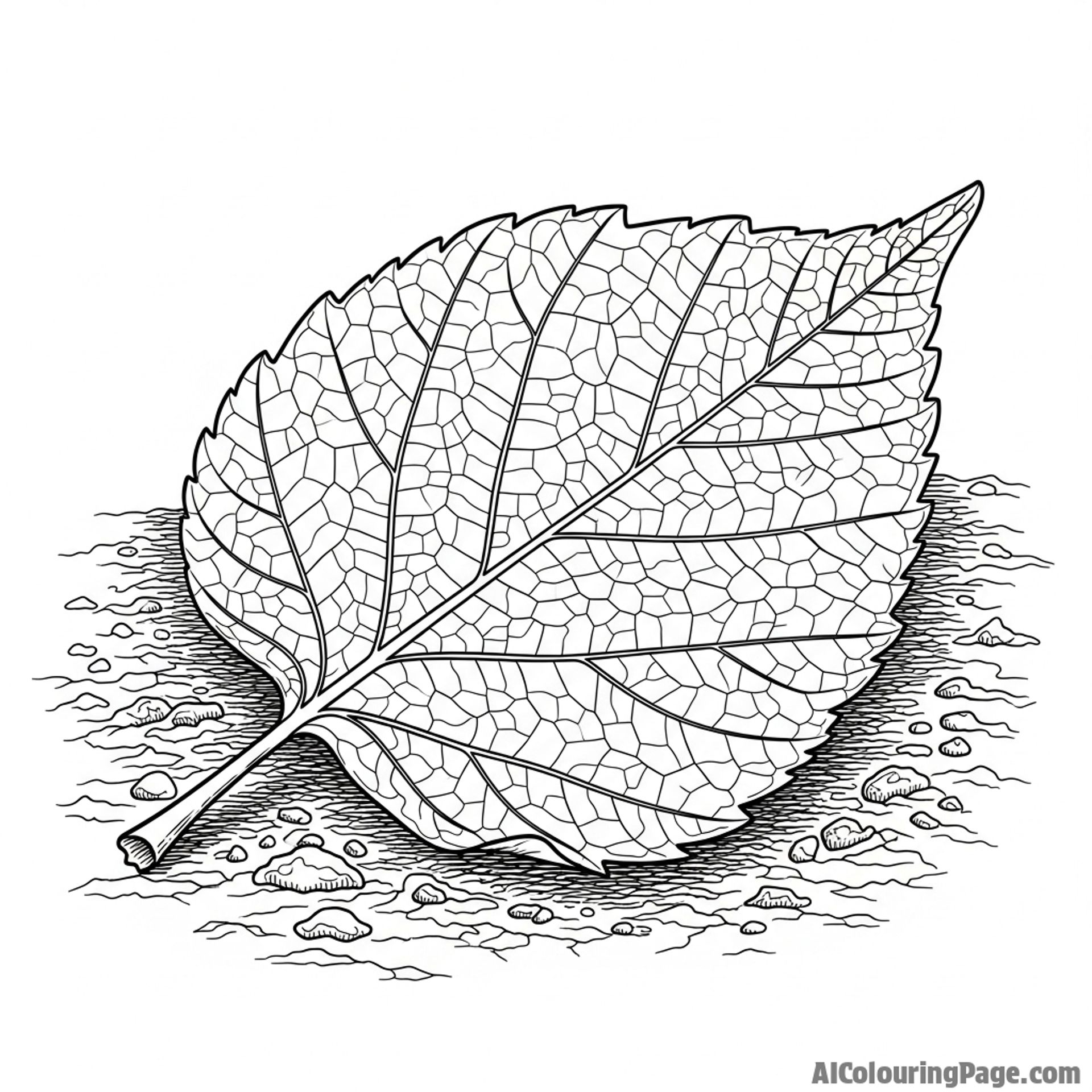 Close-up of a decaying leaf on damp soil, covered in intricate veins.