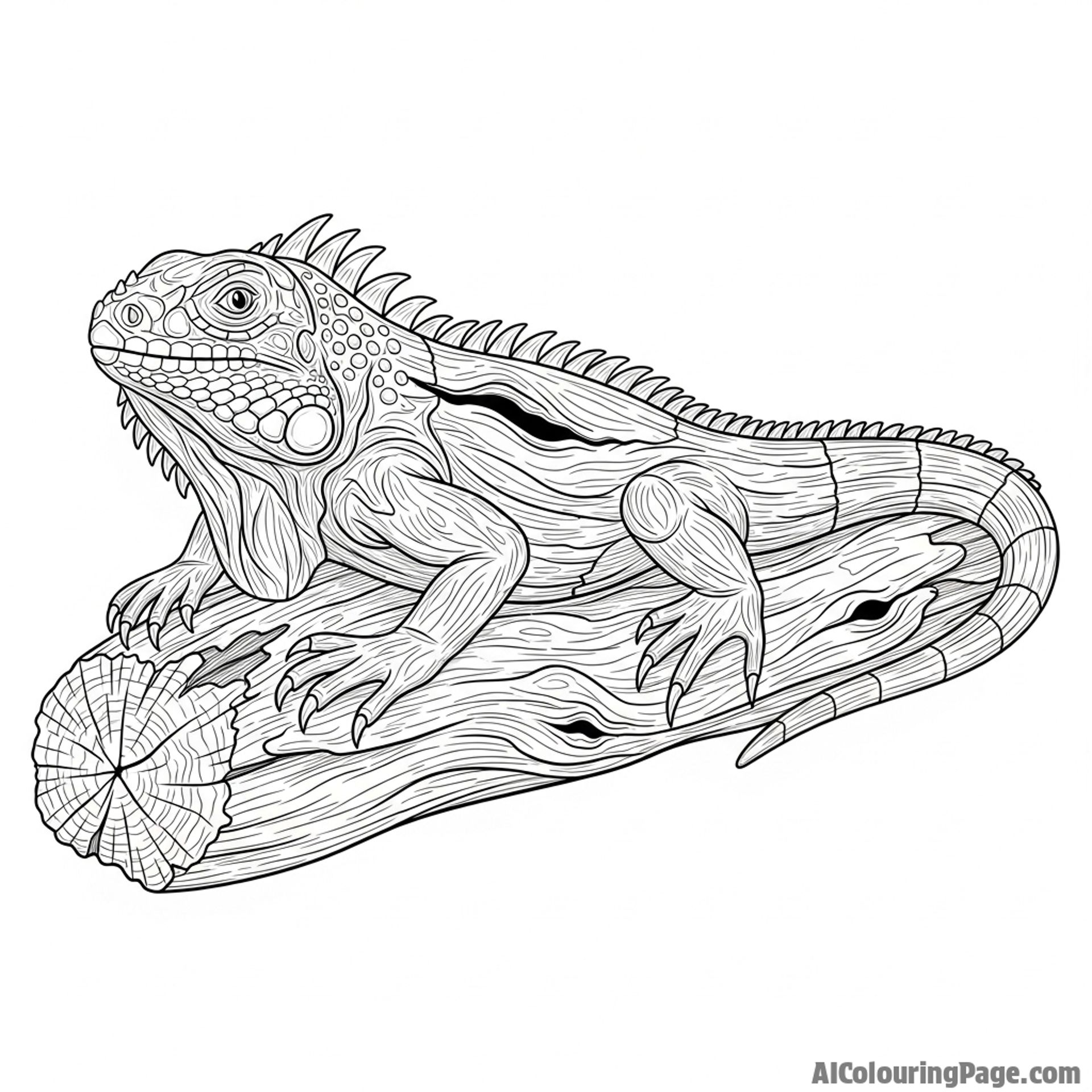 A sculpture of an iguana carved from a single piece of driftwood.