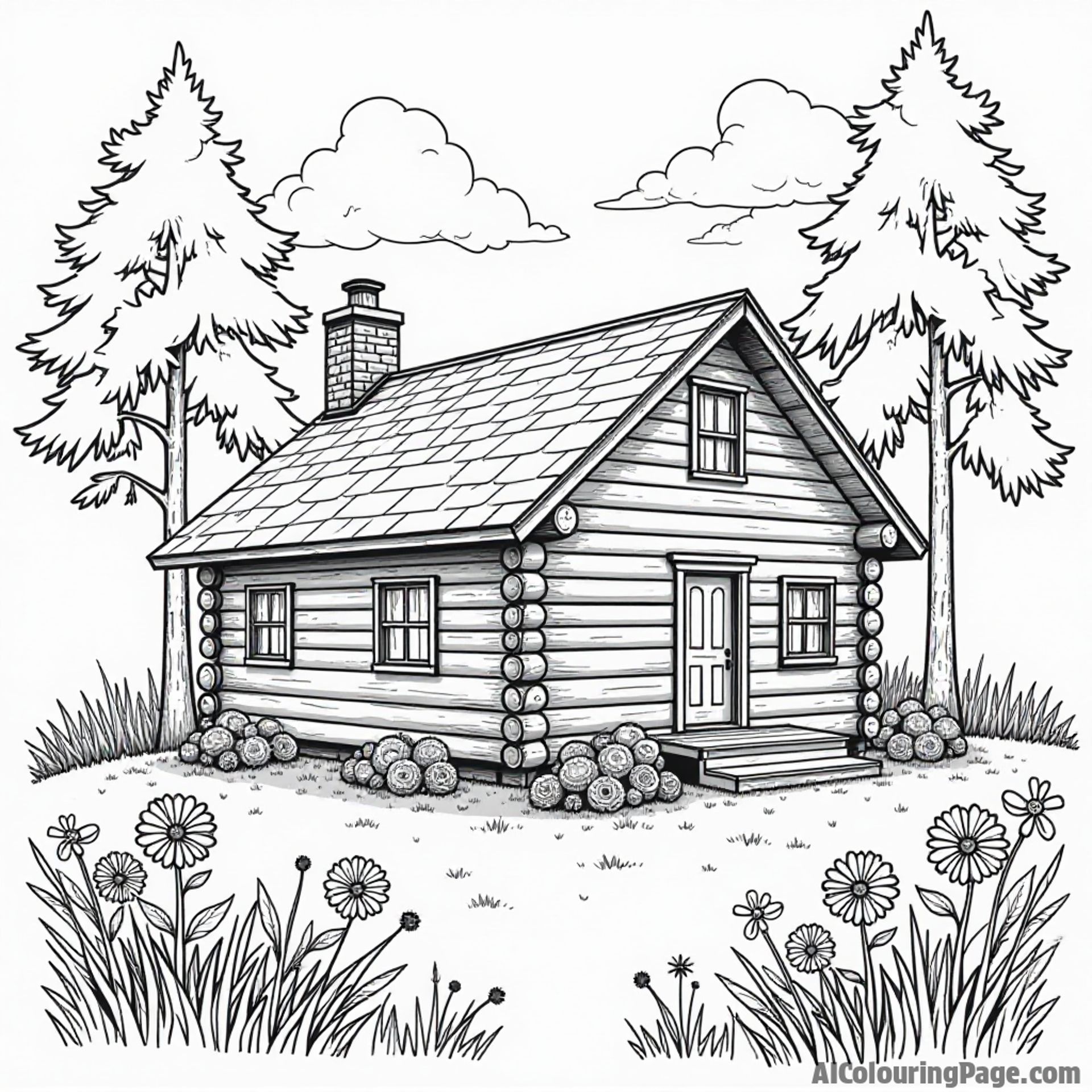 A cozy log cabin nestled in the woods of Kentucky, surrounded by blooming wildflowers and tall pine trees.
