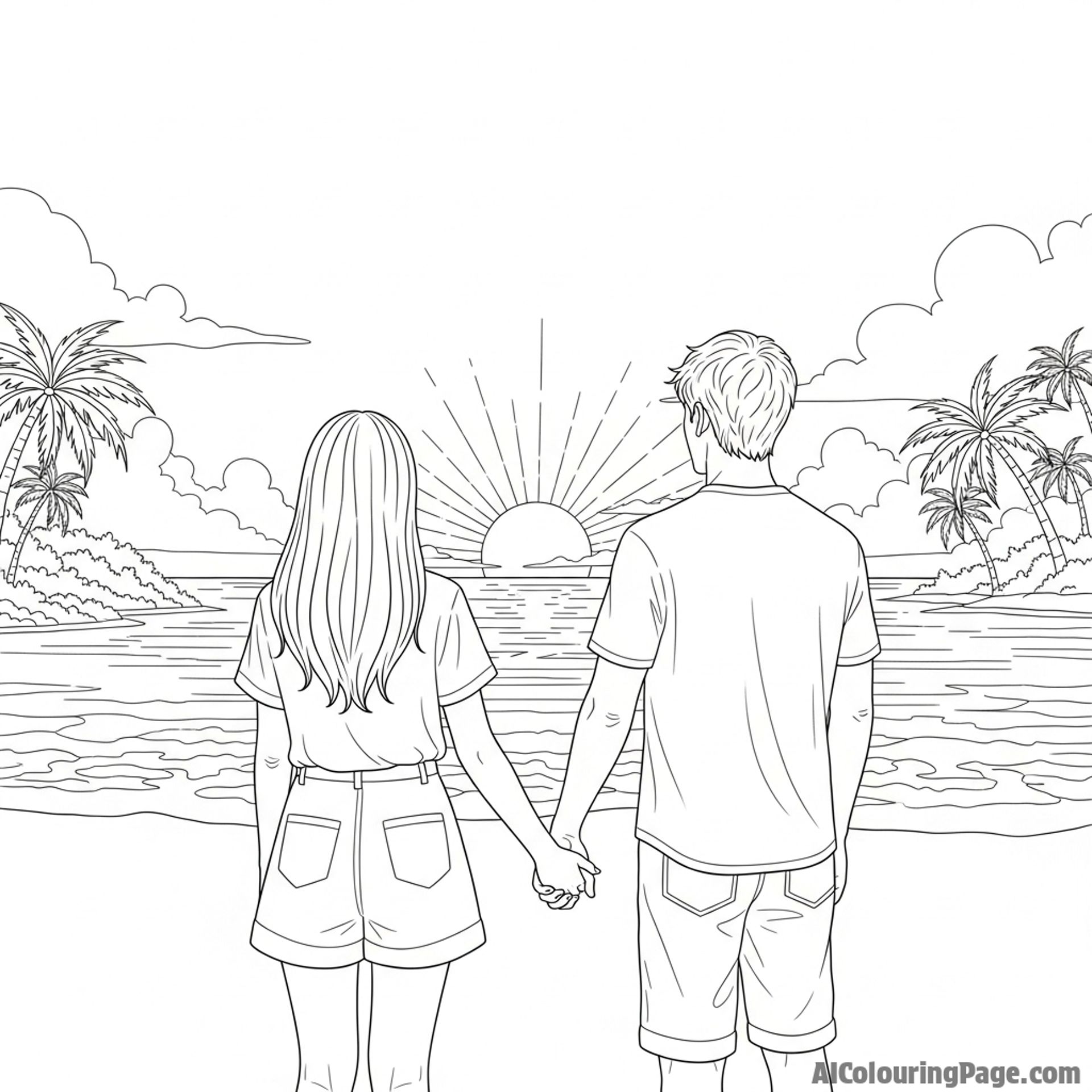 A couple holding hands watching the sunset on a beach.