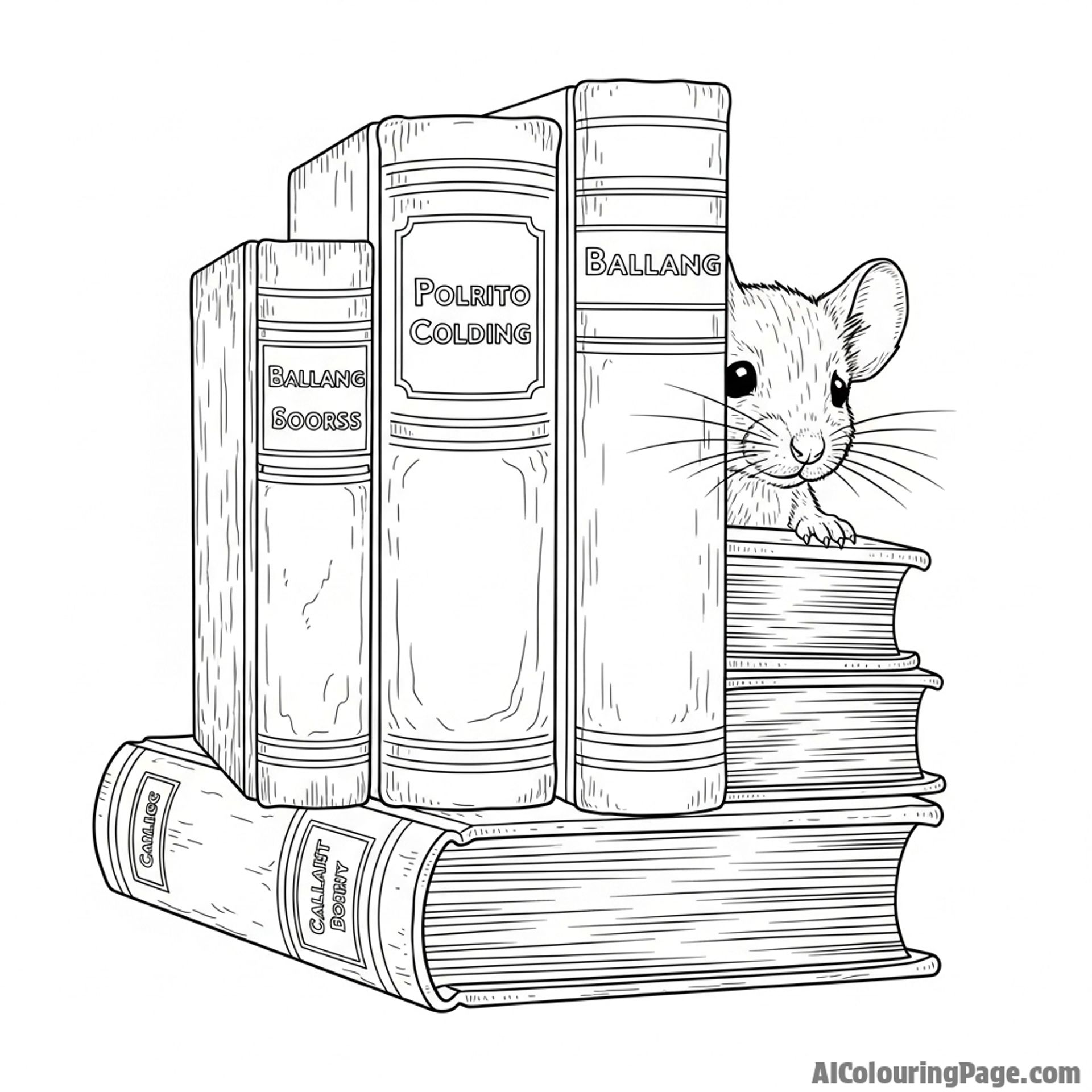A mouse peeking from behind a stack of old, leather-bound tomes.