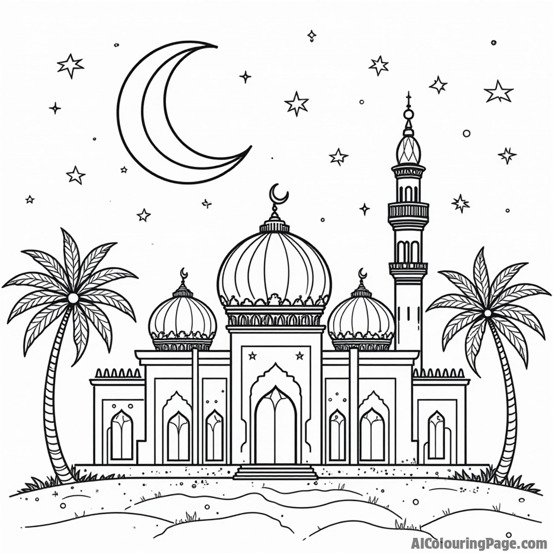 A crescent moon and stars above a mosque with intricate domes, surrounded by palm trees, creating a peaceful Ramadan night scene for children to color. Festivals and Traditions Coloring Sheets.