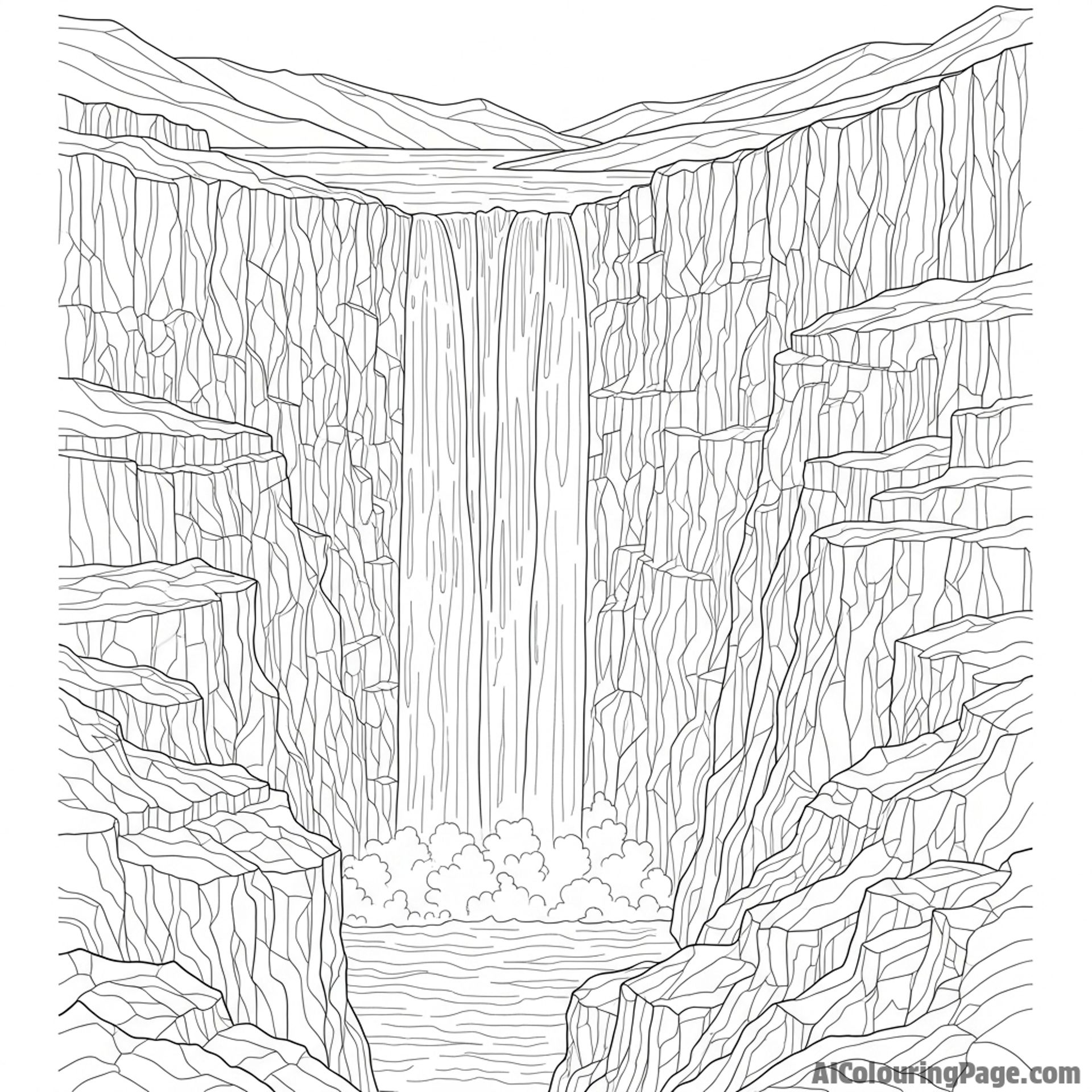 A waterfall carving through a landscape sculpted by time.