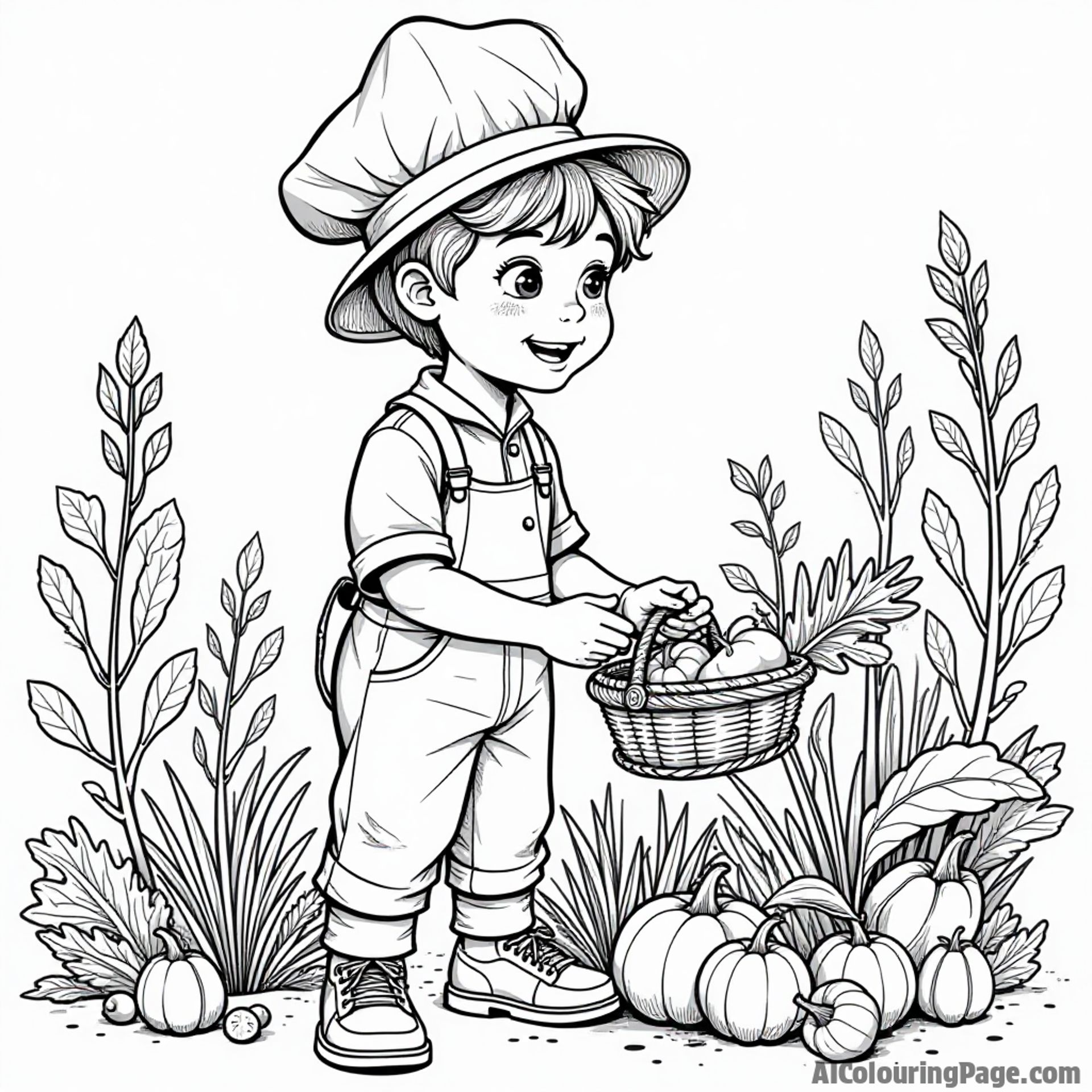 A young chef in an explorer hat, discovering a garden filled with vegetables and herbs, holding a basket, inspiring creativity and adventure in a culinary coloring page.