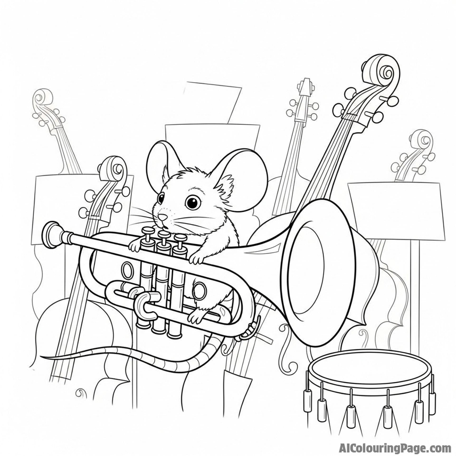 A mouse hiding inside the bell of a trumpet in a silent orchestra pit.
