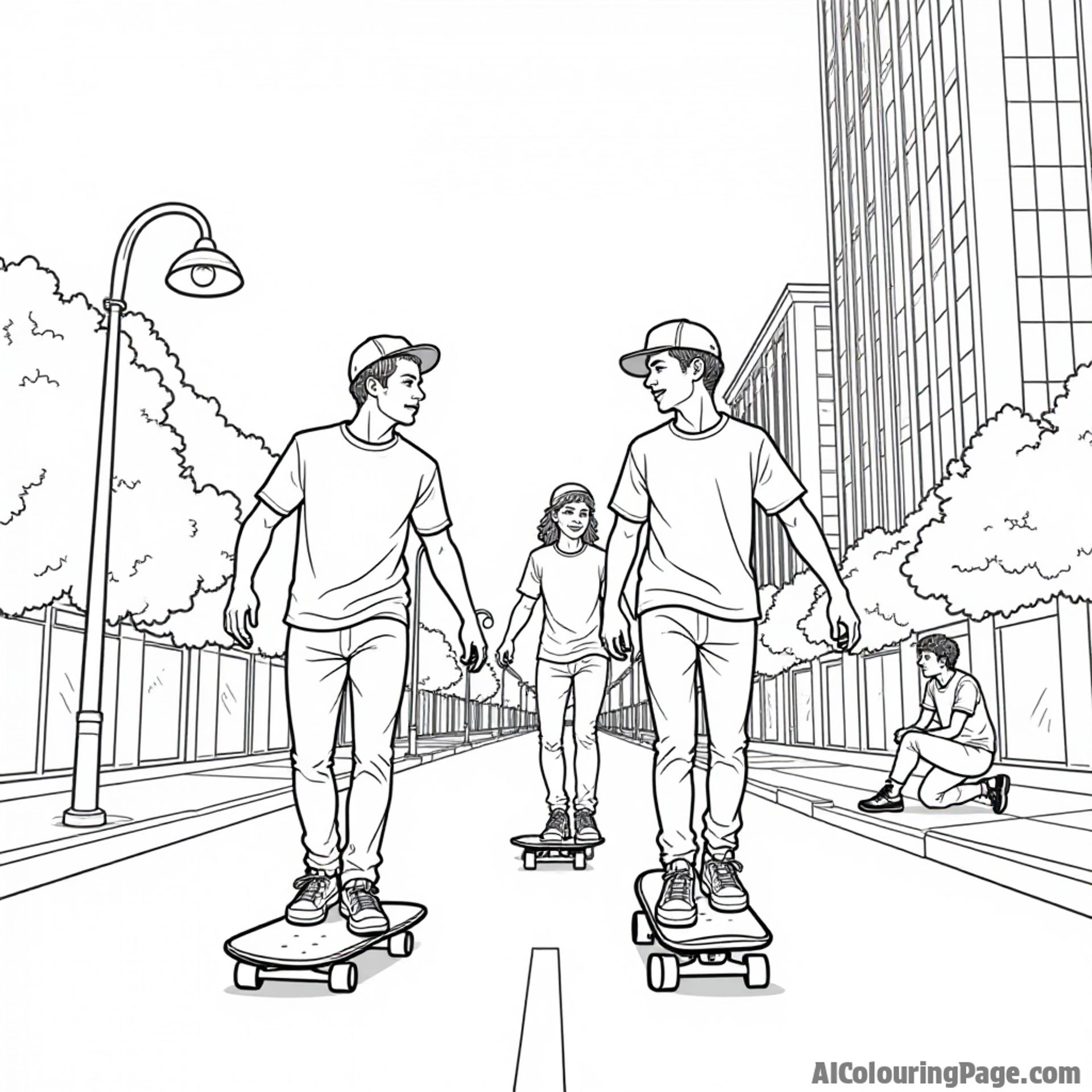 A group of friends skateboarding down a city street, one doing a kickflip, another sitting on the curb, and a tall building in the background, perfect for a coloring page.
