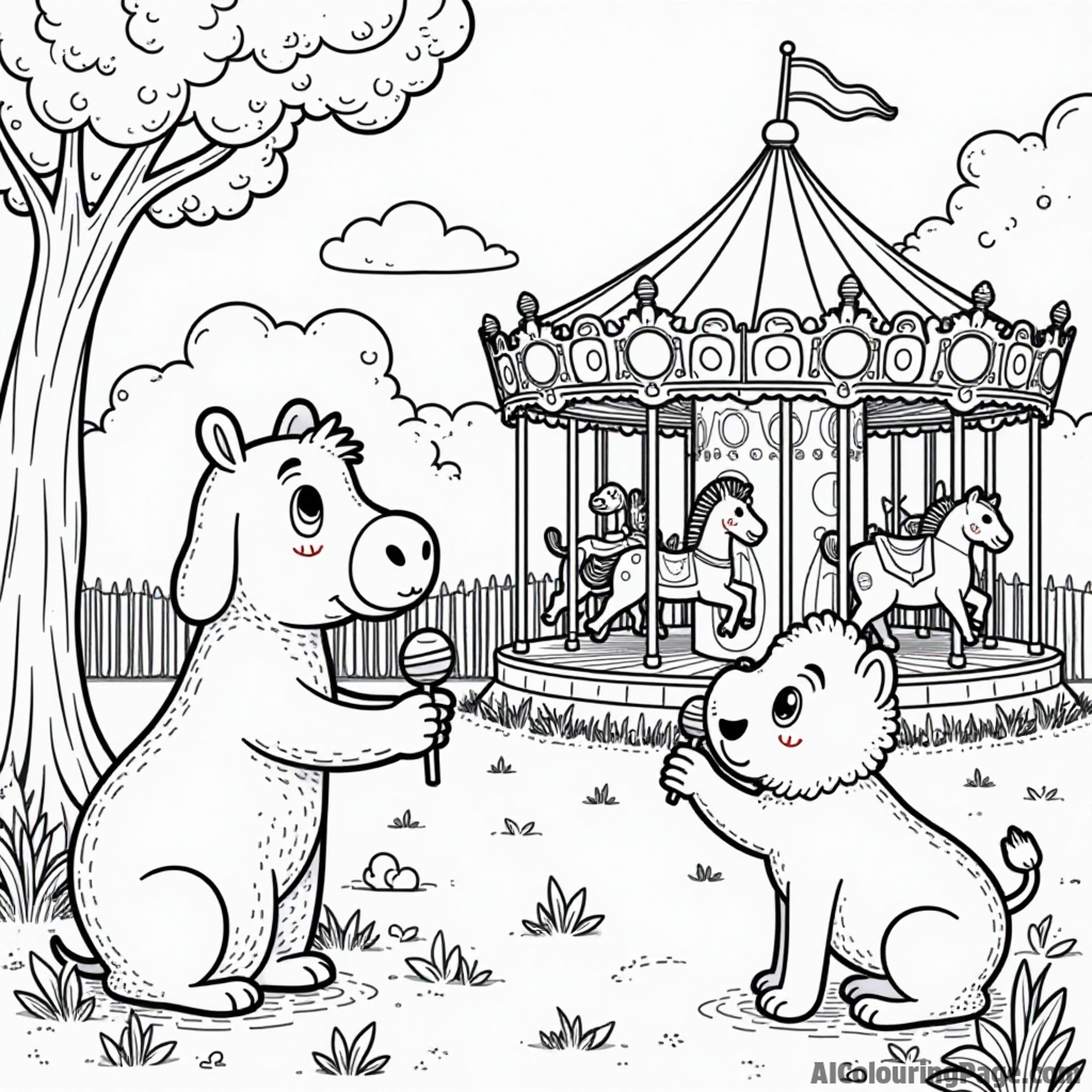 A lively zoo scene with various animals enjoying lollipops, children feeding them, and a colorful carousel in the background