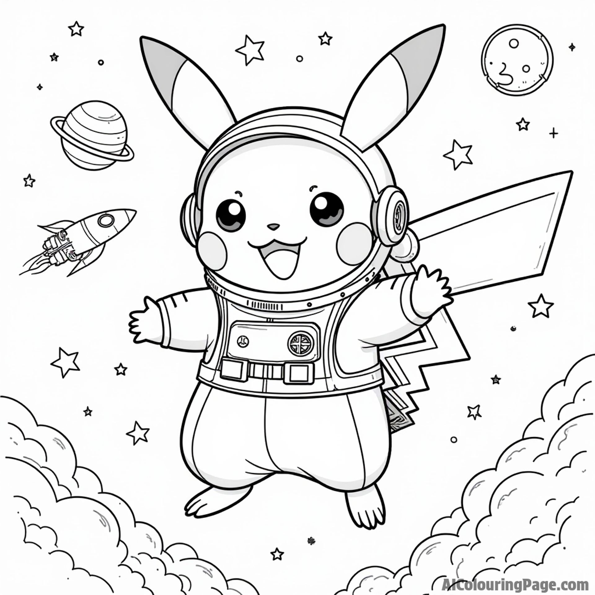 Pikachu dressed as an astronaut floating in space with stars, planets, and a rocket ship