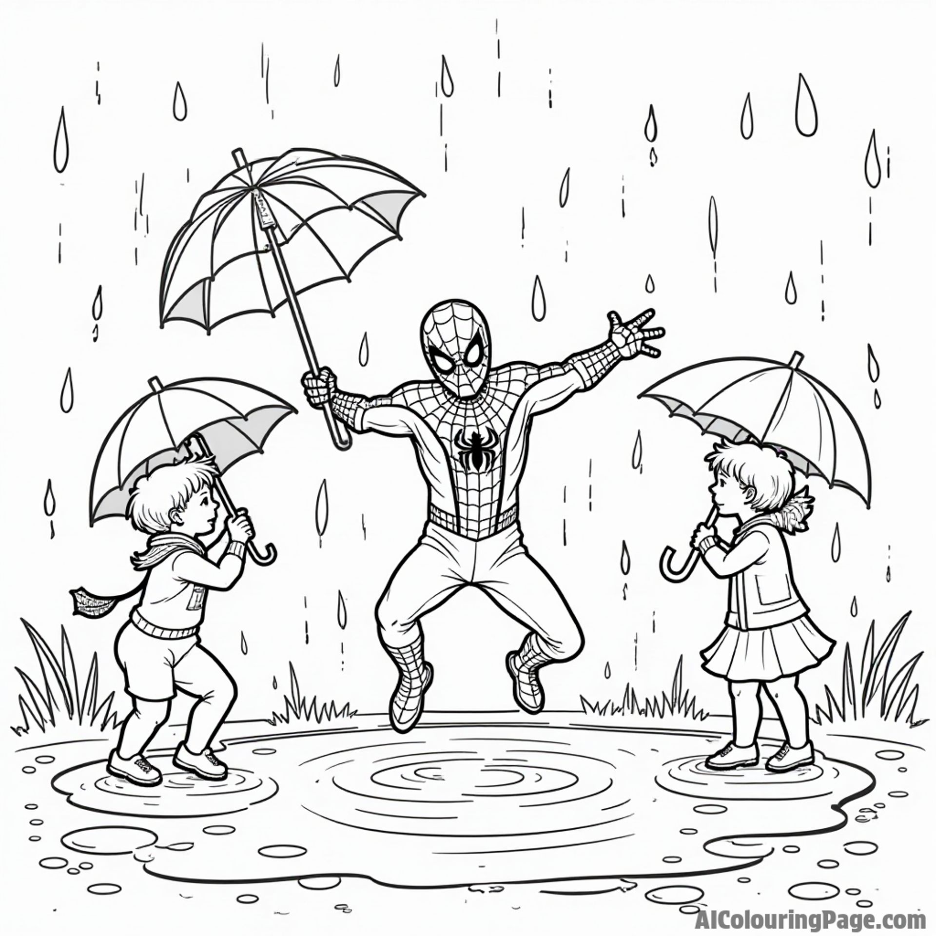 Spiderman enjoying a rainy day, jumping in puddles with children, umbrellas decorated with fun designs all around