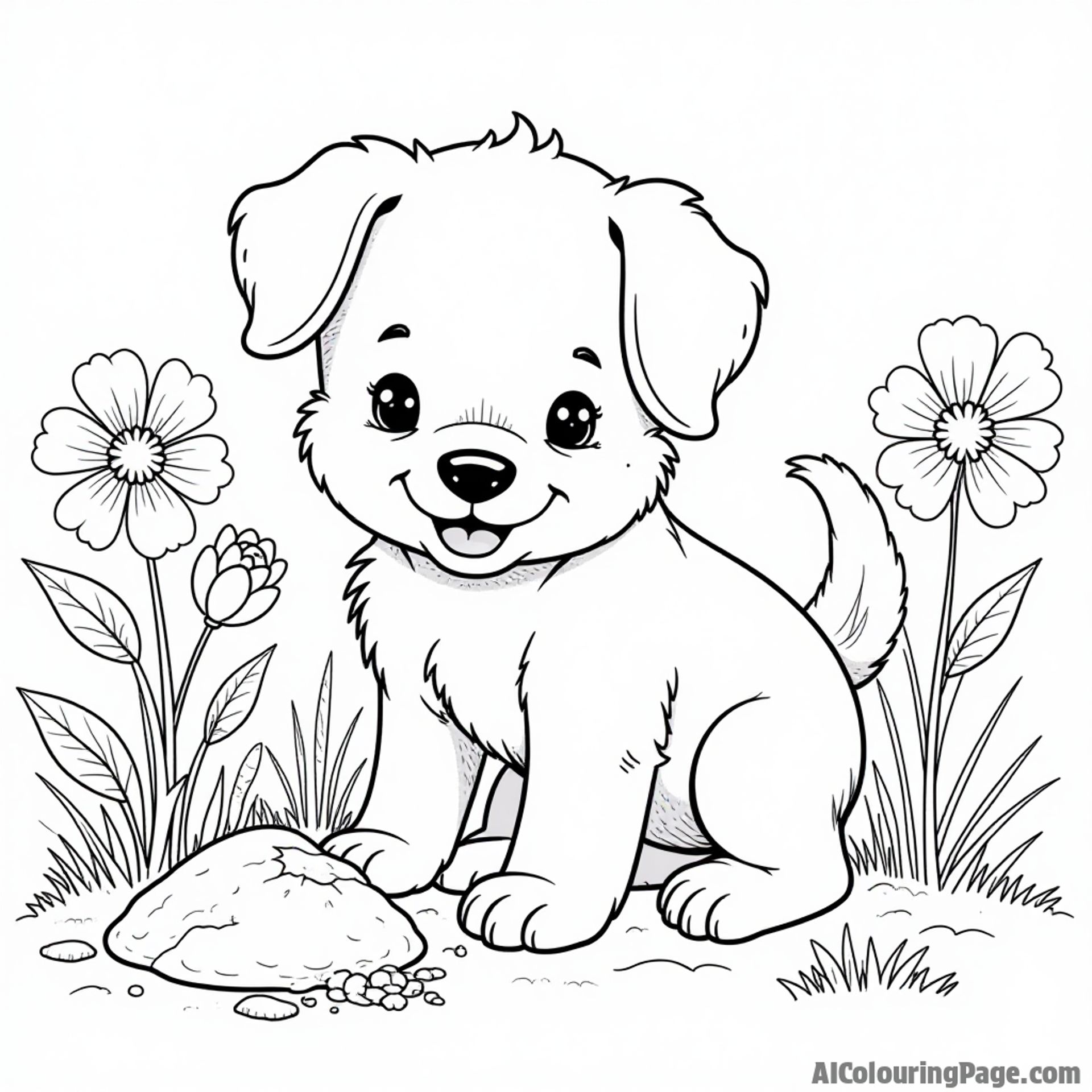 Puppy coloring page, digging in the garden, surrounded by flowers, whimsical style.