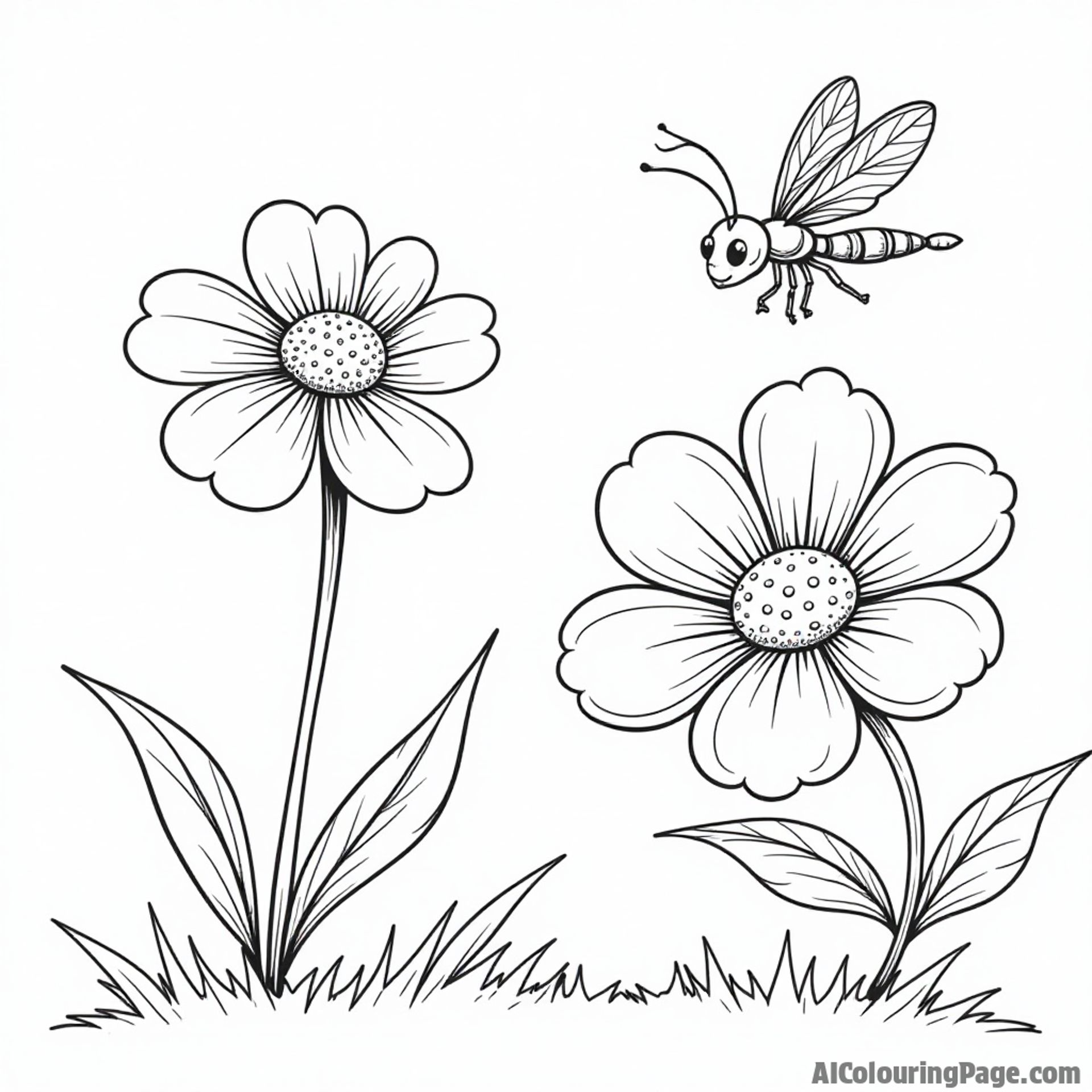 A cute ant peeking out from a flower with a dragonfly hovering above, creating a fun scene for coloring activities.