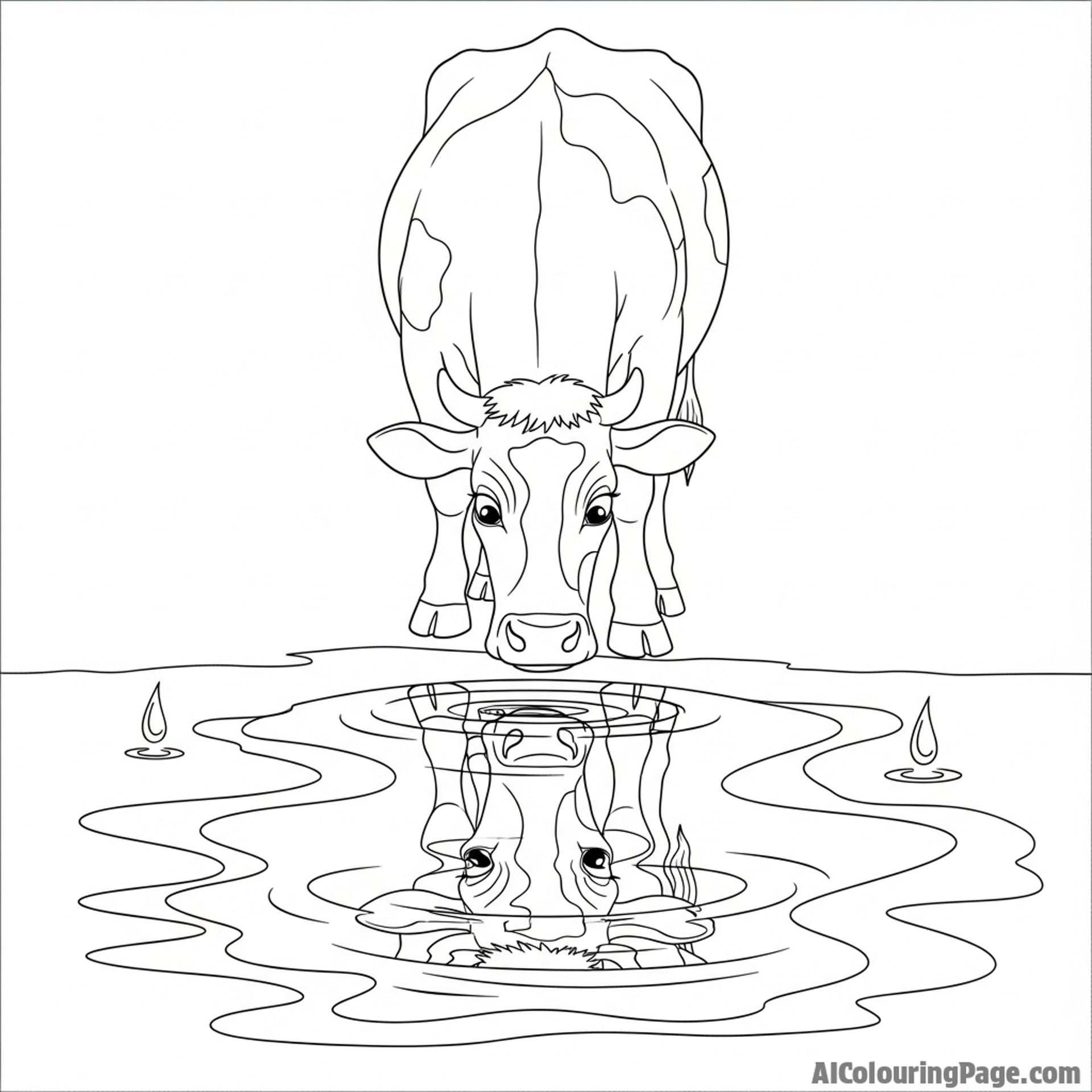 A cow looking at its distorted reflection in a puddle after a rainstorm.