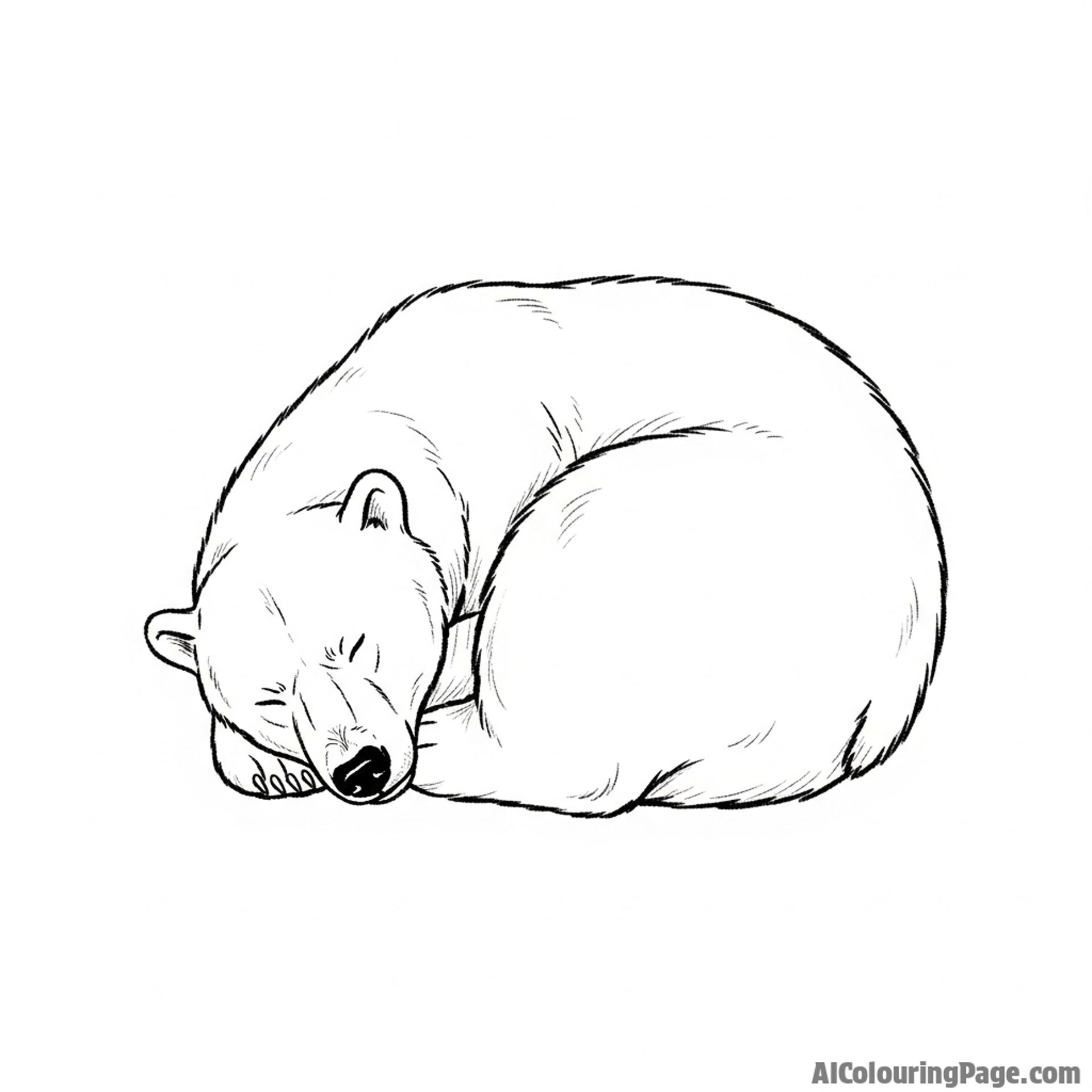 A charcoal sketch of a sleeping polar bear curled into a ball.