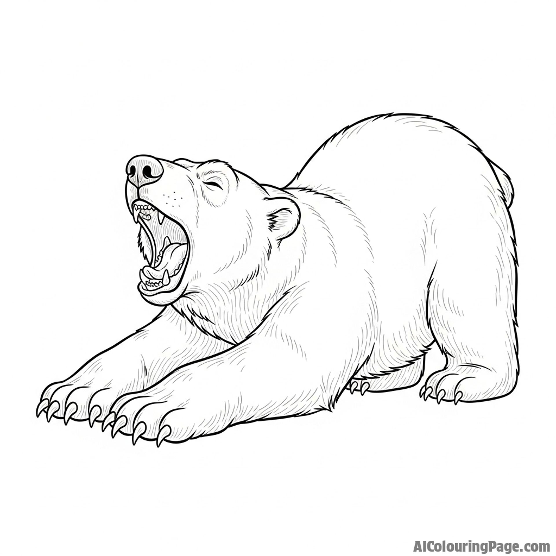 A polar bear stretching languidly after waking from a long slumber.