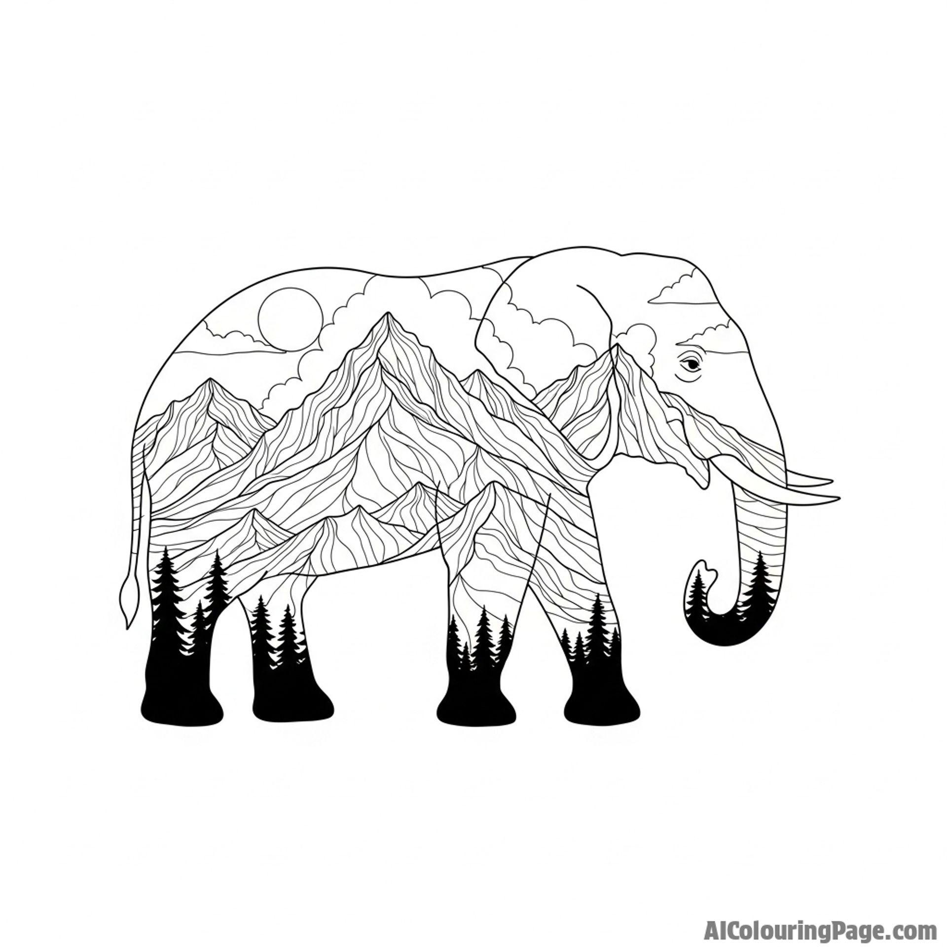 A double exposure portrait combining an elephant's profile with a vast mountain range.