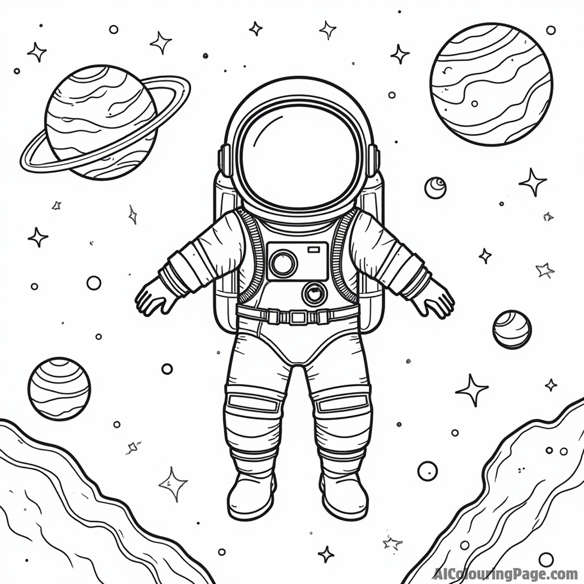 A character in a space suit floating in zero gravity, surrounded by colorful planets and sparkling stars all around.