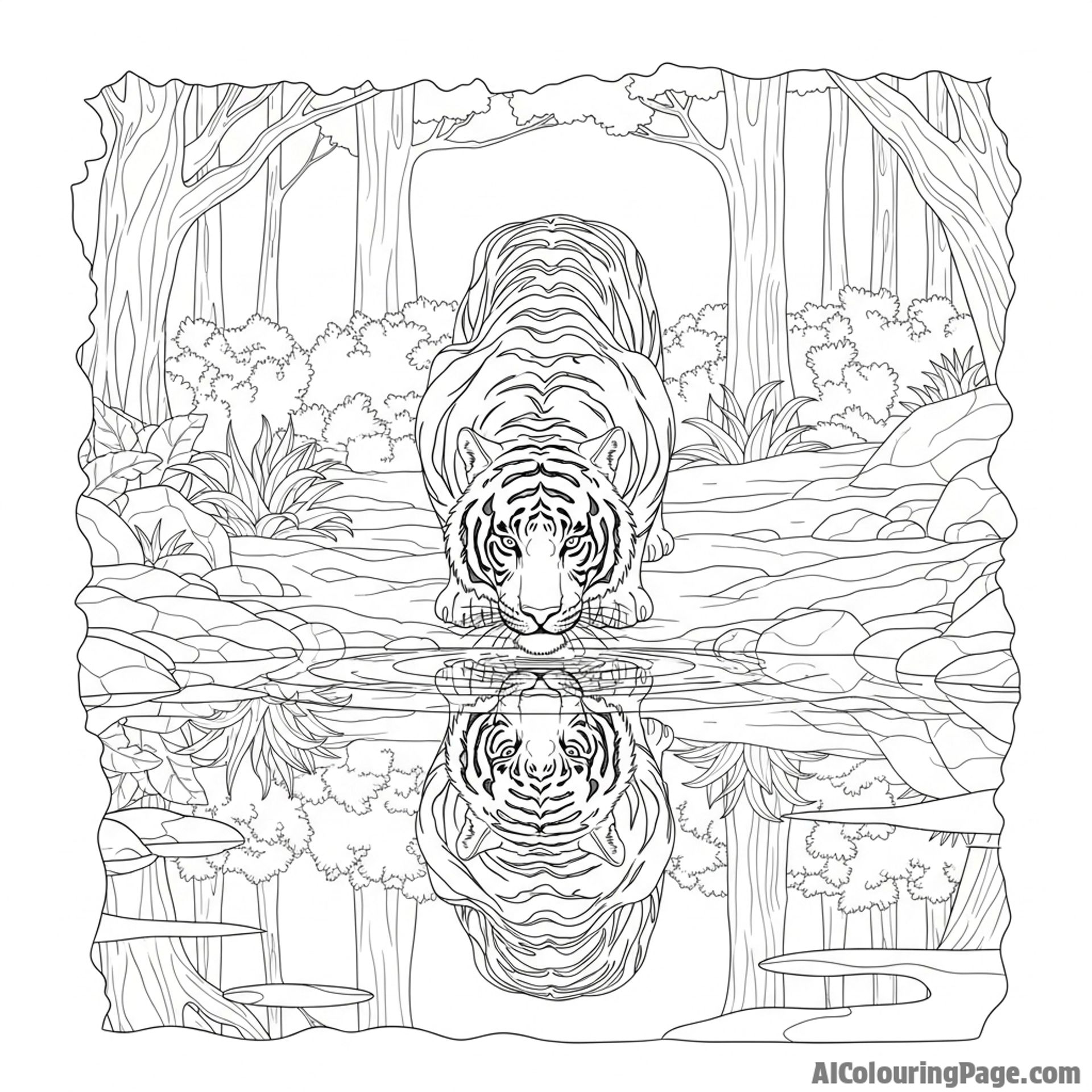 A low-angle shot of a tiger drinking from a still forest pool, its reflection perfectly mirrored.