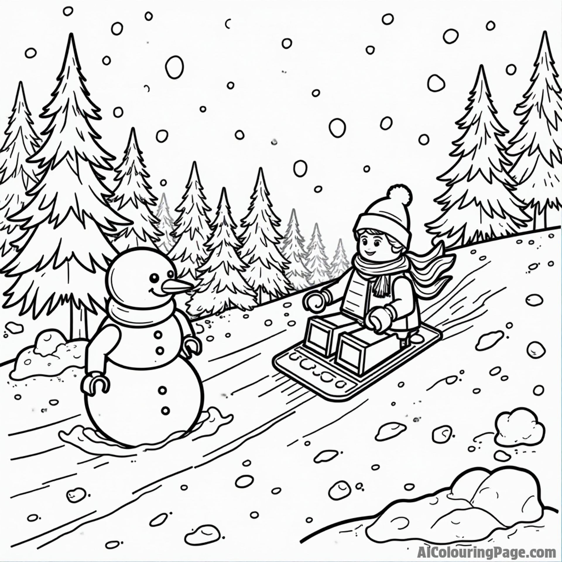 A LEGO winter wonderland with snowmen, kids sledding down a hill, and trees covered in snowflakes around.