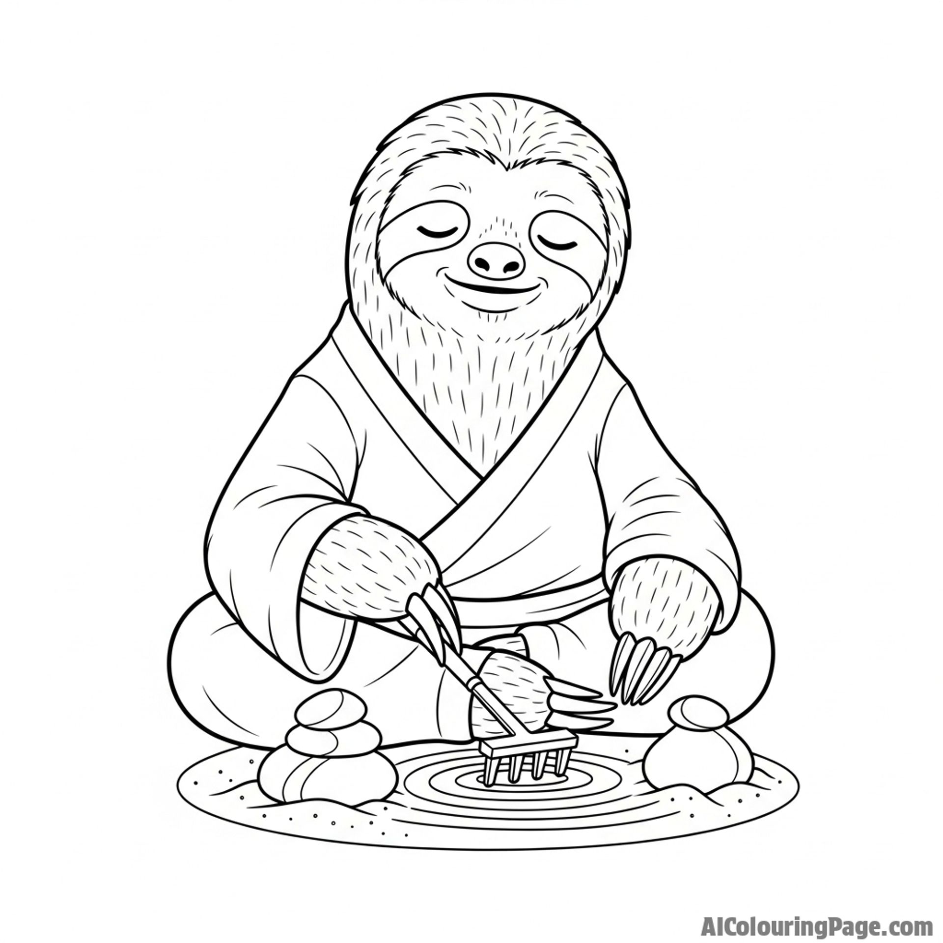 A sloth as a zen master, tending to a miniature rock garden.