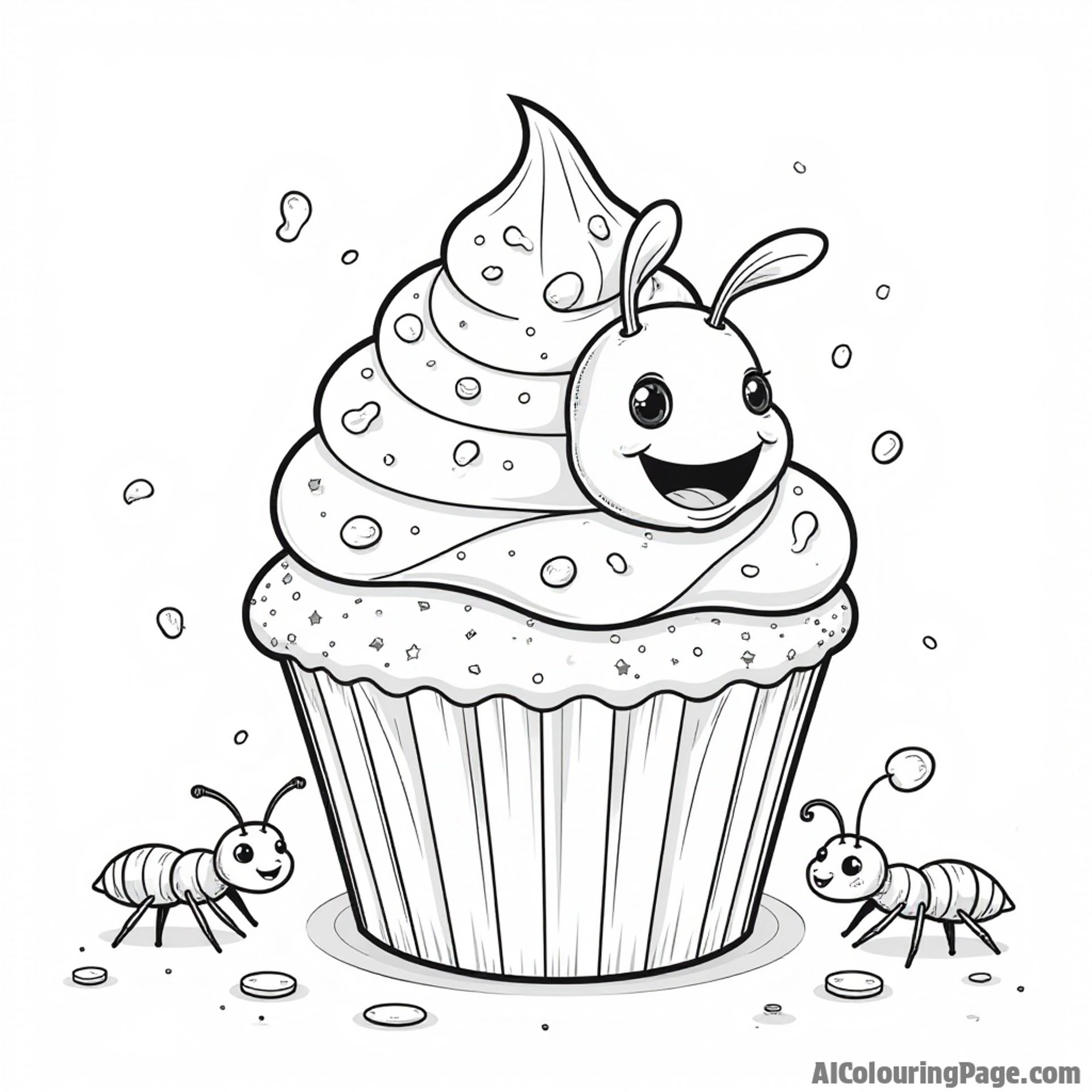 A caterpillar enjoying a cupcake with frosting, surrounded by colorful sprinkles and happy ants ready to join the fun.