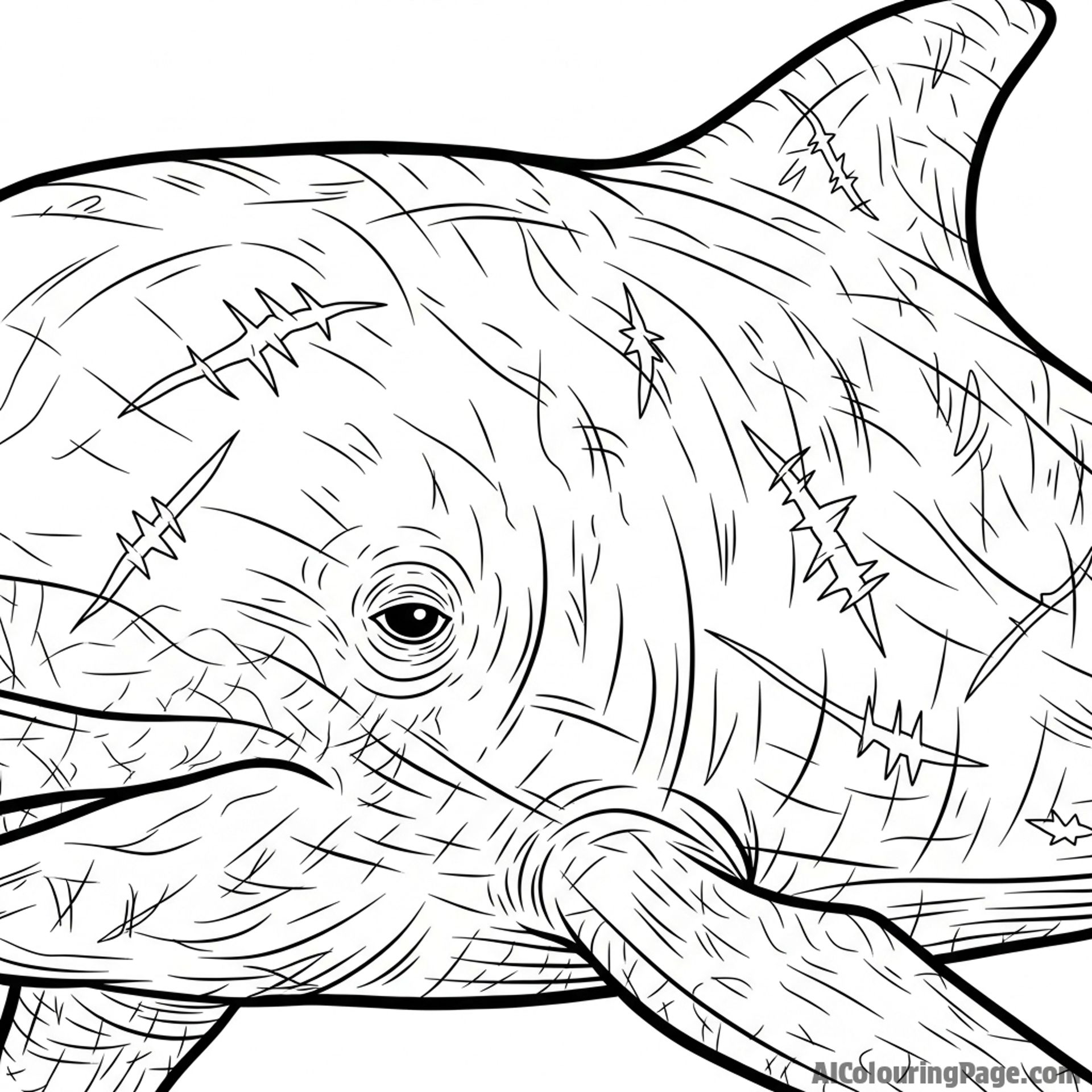 A close-up on the intricate scratches and marks on an old dolphin’s skin, telling the stories of its life.