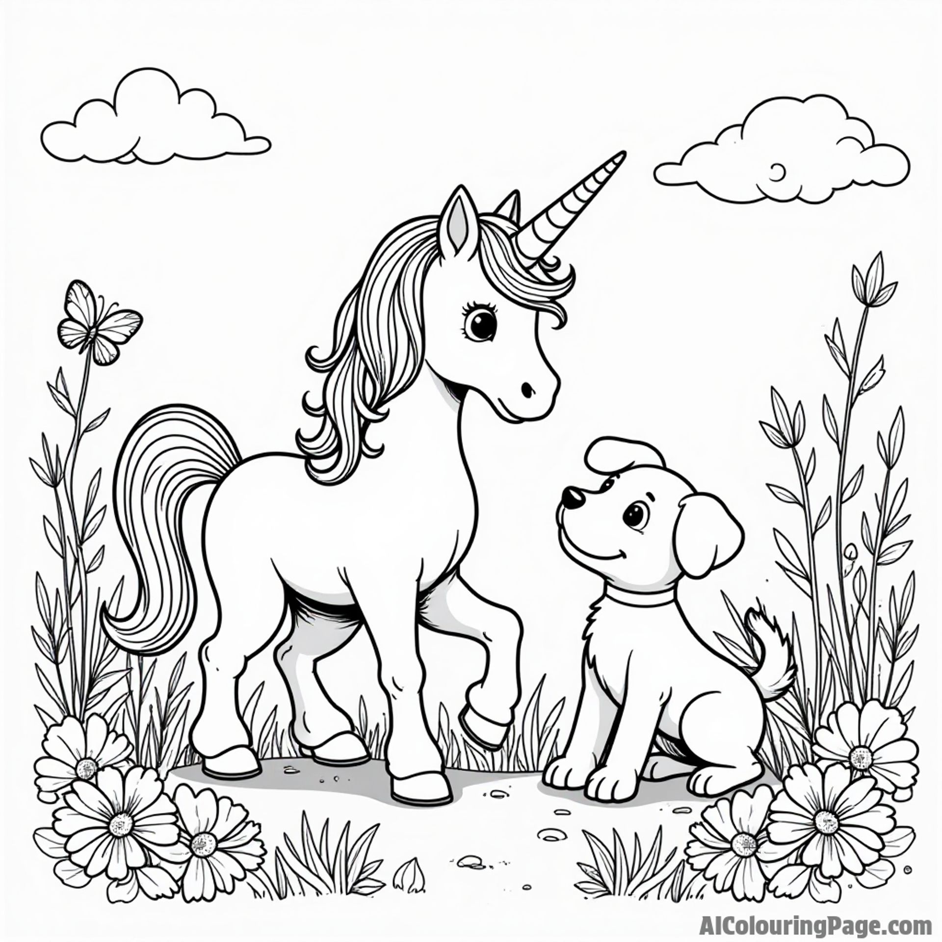A unicorn and a playful puppy exploring a fantastical meadow filled with colorful flowers and butterflies, perfect for joyful coloring.