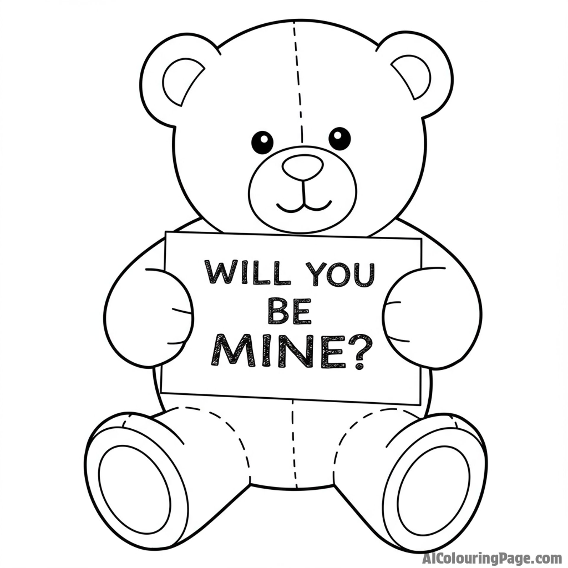 A teddy bear holding a sign that reads 'Will you be mine?'