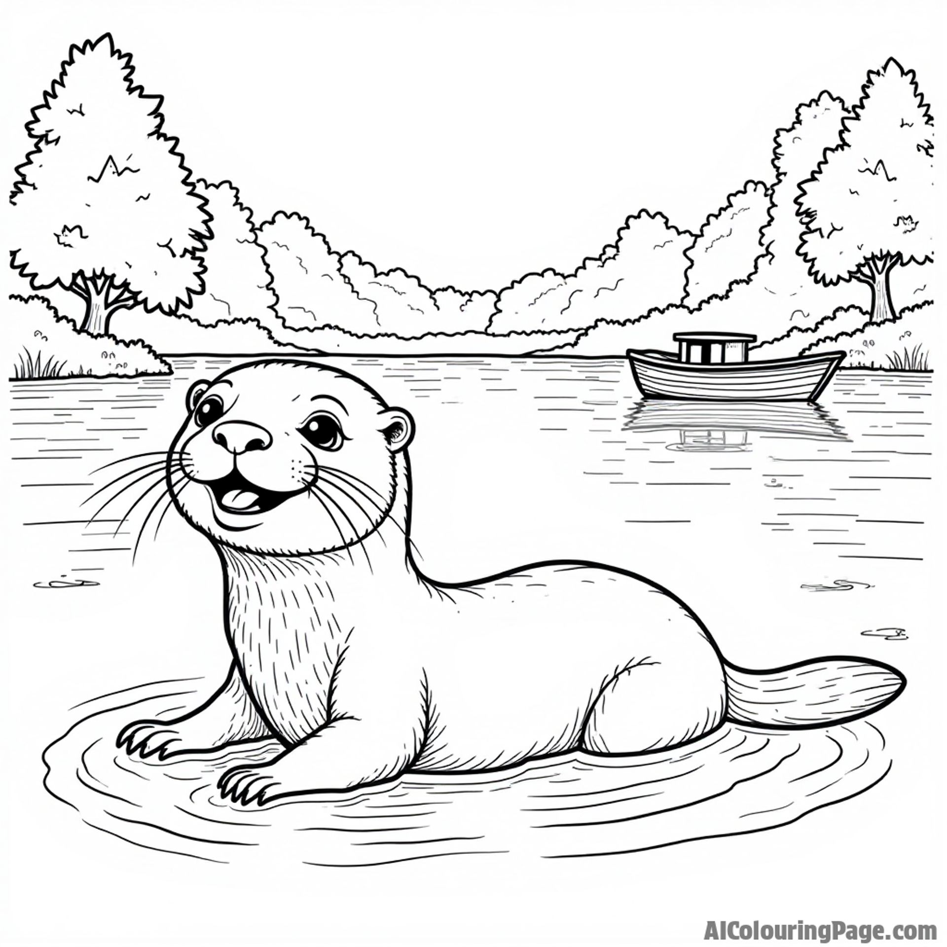 A playful river otter swimming in the Missouri River with a backdrop of lush trees and a small wooden boat.